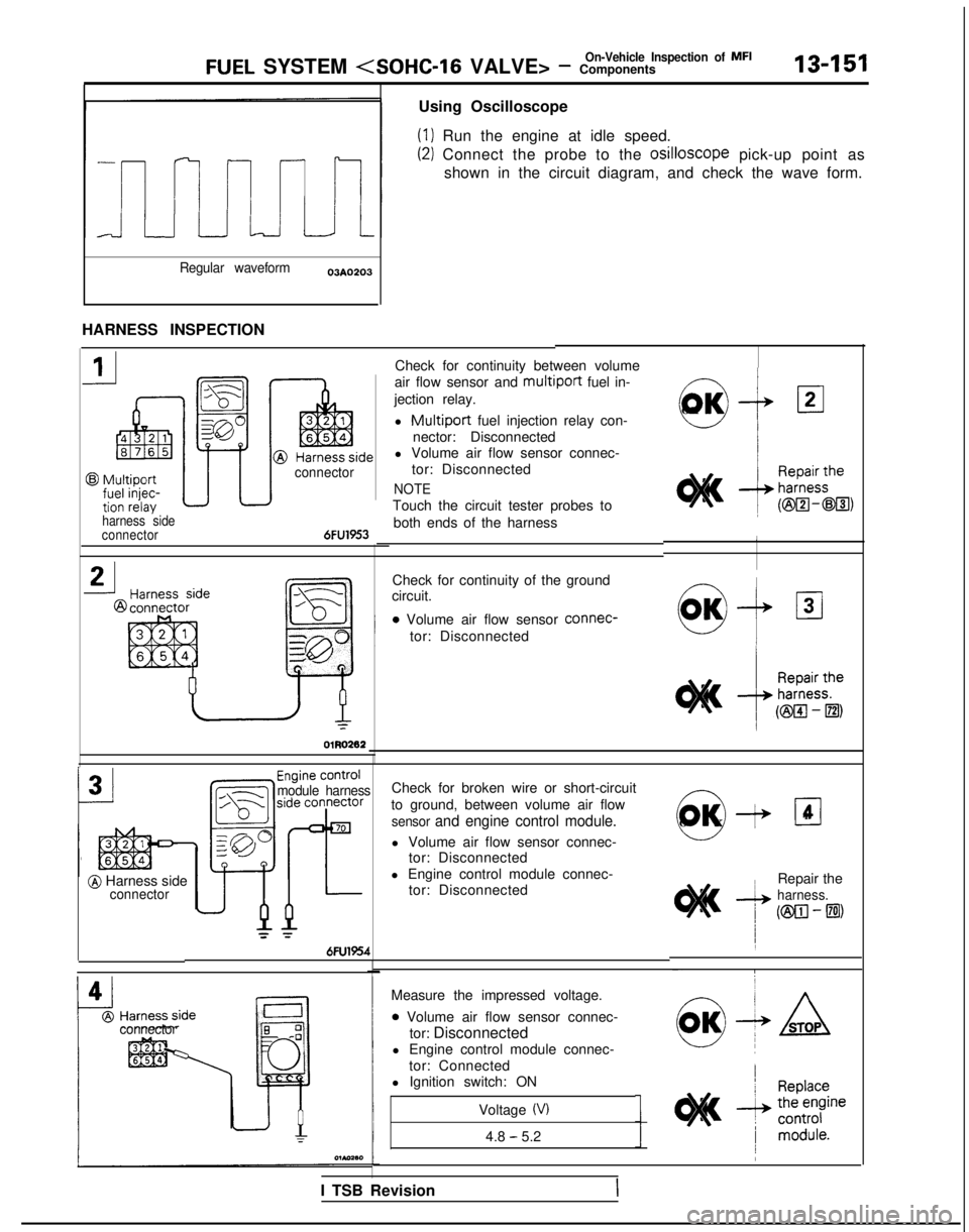 MITSUBISHI GALANT 1989 Service Repair Manual On-Vehicle Inspection of MFIFUEL SYSTEM <SOHC-16
VALVE> - Components 13451
Using Oscilloscope
(1) Run the engine at idle speed.
(2) Connect the probe to the osilloscope
pick-up point as
shown in th MITSUBISHI GALANT 1989 Service Repair Manual On-Vehicle Inspection of MFIFUEL SYSTEM <SOHC-16
VALVE> - Components 13451
Using Oscilloscope
(1) Run the engine at idle speed.
(2) Connect the probe to the osilloscope
pick-up point as
shown in th