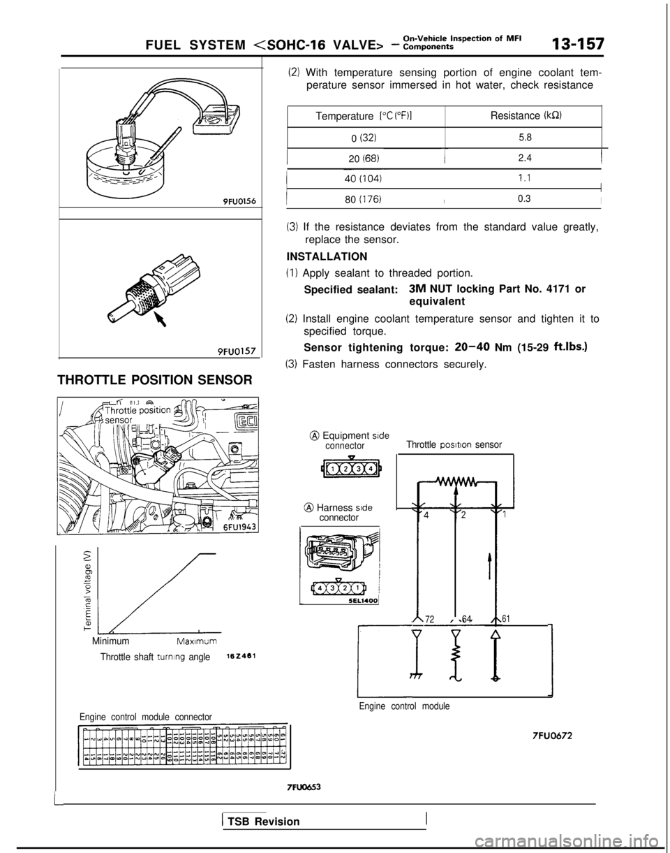 MITSUBISHI GALANT 1989 Service Repair Manual FUEL SYSTEM (SOHC-16 VALVE> - ::ii,,k%ti=pec*ion Of MF’13-157
9FUO156
9FUO157
THROTTLE POSITION SENSOR
MinimumMaxlmum
Throttle shaft turning angle162461
(21 With temperature sensing portion of engin MITSUBISHI GALANT 1989 Service Repair Manual FUEL SYSTEM (SOHC-16 VALVE> - ::ii,,k%ti=pec*ion Of MF’13-157
9FUO156
9FUO157
THROTTLE POSITION SENSOR
MinimumMaxlmum
Throttle shaft turning angle162461
(21 With temperature sensing portion of engin
