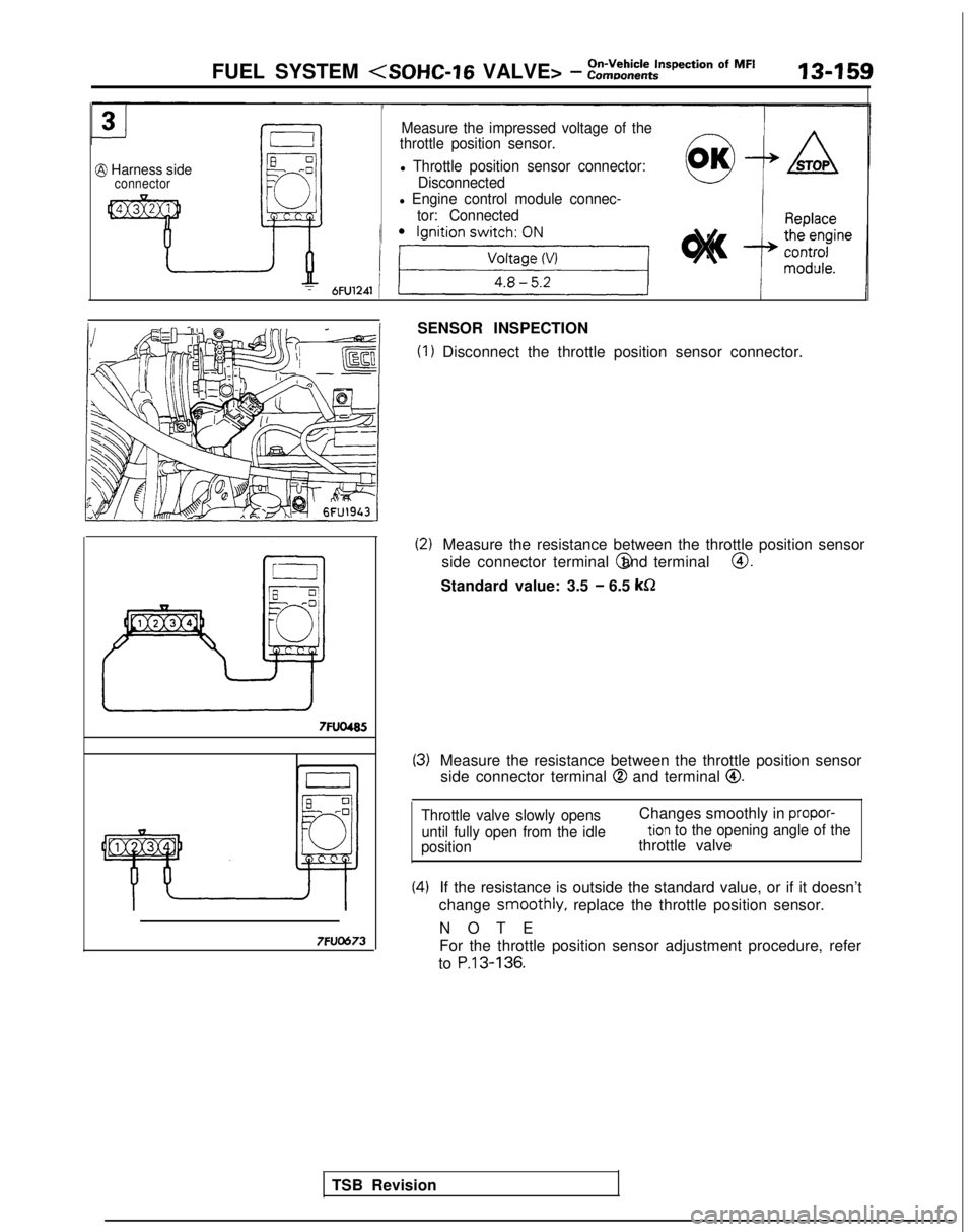 MITSUBISHI GALANT 1989  Service Repair Manual FUEL SYSTEM <SOHC-16 VALVE> - ~:~t%~t~pection Of MF’13-159
@ Harness sideconnector
Measure the impressed voltage of the
throttle position sensor.
l  Throttle position sensor connector:
Disconnected
