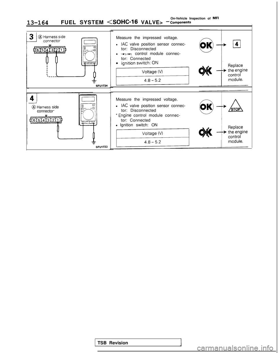 MITSUBISHI GALANT 1989  Service Repair Manual 13-164
On-Vehicle Inspection of MFI
FUEL SYSTEM 
(SOHC-16 VALVE> -  Components
Measure the impressed voltage.
lIAC valve position sensor connec-
tor: Disconnected
l Engine control module connec-
tor: 