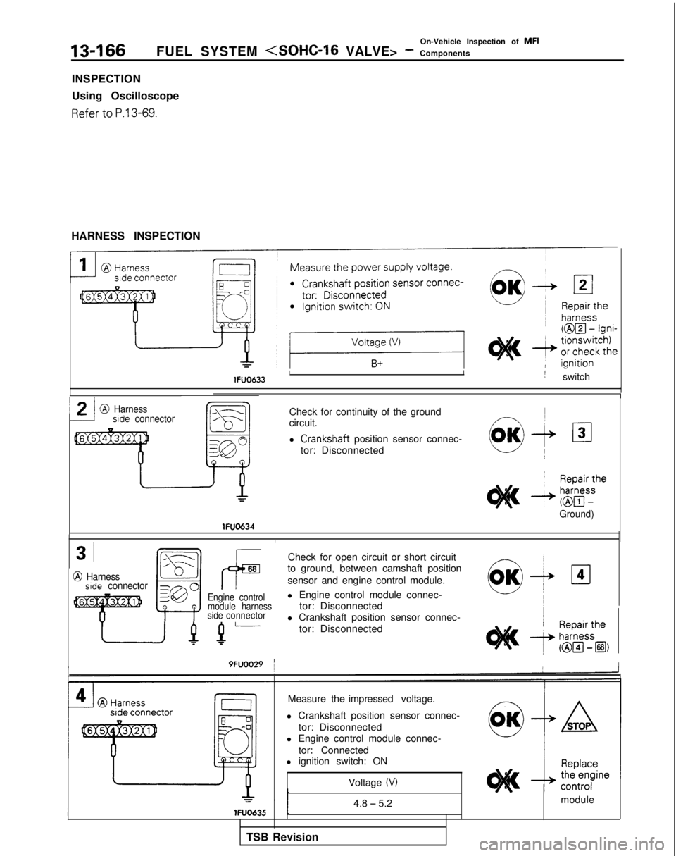 MITSUBISHI GALANT 1989  Service Repair Manual 13-166
On-Vehicle Inspection of MFI
FUEL SYSTEM 
<SOHC-16 VALVE> - Components
INSPECTION
Using Oscilloscope Refer
 
to P.13-69.
HARNESS INSPECTION
c
IIlFUO633j switch
1218 Harness -.-..-Aside
 connect