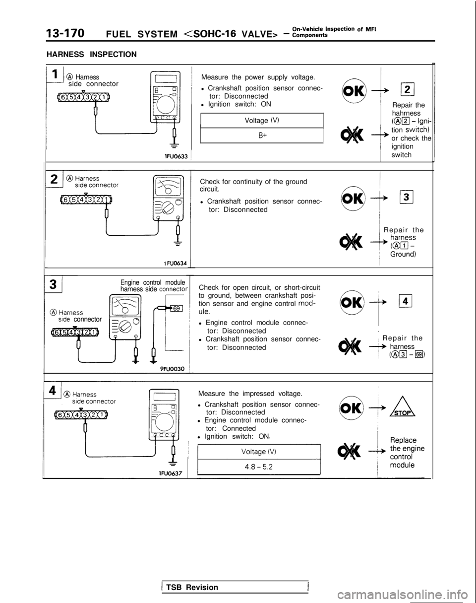 MITSUBISHI GALANT 1989 Service Repair Manual 13-170FUEL SYSTEM <SOHC-16 VALVE> - ::$%:ti=pection Of MF’
HARNESS INSPECTION
III@ HarnessMeasure the power supply voltage.-/-J side connectorl Crankshaft position sensor connec-
tor: Disconnected
l MITSUBISHI GALANT 1989 Service Repair Manual 13-170FUEL SYSTEM <SOHC-16 VALVE> - ::$%:ti=pection Of MF’
HARNESS INSPECTION
III@ HarnessMeasure the power supply voltage.-/-J side connectorl Crankshaft position sensor connec-
tor: Disconnected
l