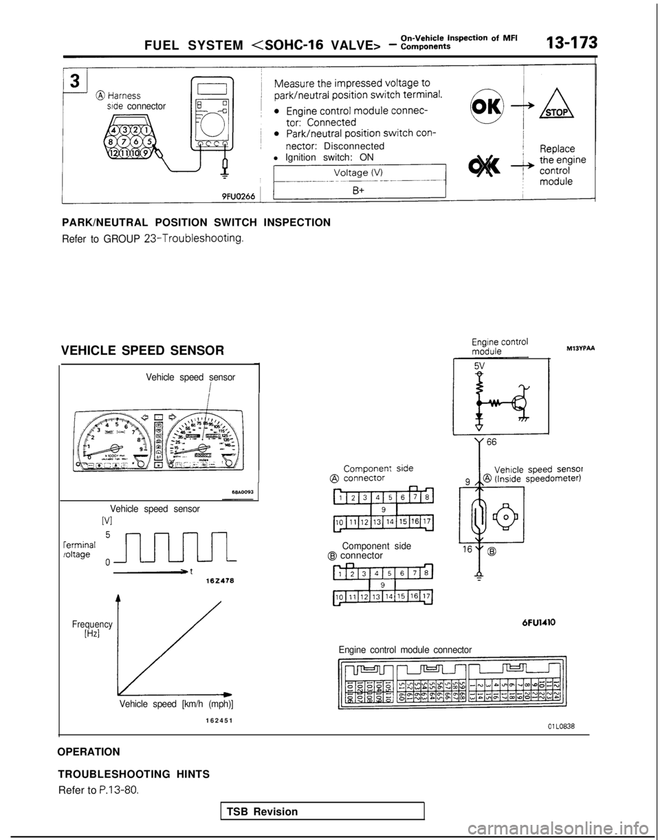 MITSUBISHI GALANT 1989 Service Repair Manual FUEL SYSTEM <SOHC-l6 VALVE> - ::i%%?ction Of MF’13-173
r
srde connector
nectar:
Disconnected
l Ignition switch: ON
PARK/NEUTRAL POSITION SWITCH INSPECTION
Refer to GROUP 23-Troubleshooting.
VEHICL MITSUBISHI GALANT 1989 Service Repair Manual FUEL SYSTEM <SOHC-l6 VALVE> - ::i%%?ction Of MF’13-173
r
srde connector
nectar:
Disconnected
l Ignition switch: ON
PARK/NEUTRAL POSITION SWITCH INSPECTION
Refer to GROUP 23-Troubleshooting.
VEHICL