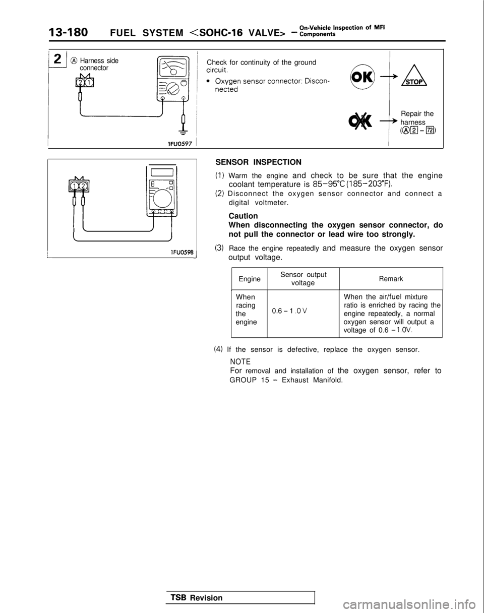 MITSUBISHI GALANT 1989 Service Repair Manual 13-180FUEL SYSTEM <SOHC-16 VALVE> - :::;:%?pection Of MF’
@ Harness sideconnectorCheck for continuity of the ground
Repair the
harness
(@lzl - El)
IlFUOS97 1I
L
G-lI’ ‘Ila
r rI L/I
IJ
lFUO598J
MITSUBISHI GALANT 1989 Service Repair Manual 13-180FUEL SYSTEM <SOHC-16 VALVE> - :::;:%?pection Of MF’
@ Harness sideconnectorCheck for continuity of the ground
Repair the
harness
(@lzl - El)
IlFUOS97 1I
L
G-lI’ ‘Ila
r rI L/I
IJ
lFUO598J
