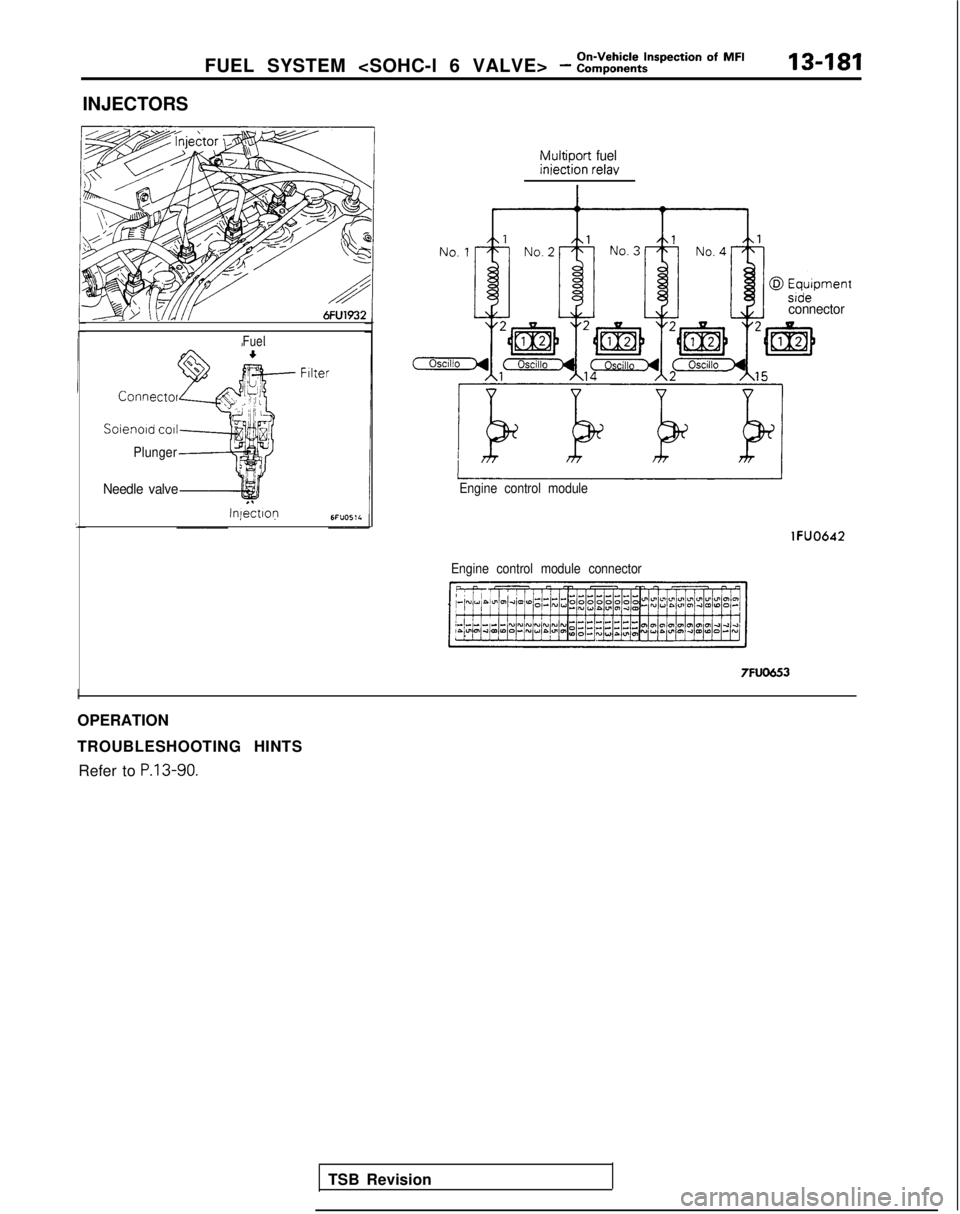 MITSUBISHI GALANT 1989 Service Repair Manual FUEL SYSTEM <SOHC-l 6 VALVE> - :::,:%?pection
Of MF’13-181
INJECTORS
Fuel
Connect01
Soienold co11
Plunger
Needle valve
Injectlop
Multiport fueliniection relay
TSB Revision
connector
Engine control MITSUBISHI GALANT 1989 Service Repair Manual FUEL SYSTEM <SOHC-l 6 VALVE> - :::,:%?pection
Of MF’13-181
INJECTORS
Fuel
Connect01
Soienold co11
Plunger
Needle valve
Injectlop
Multiport fueliniection relay
TSB Revision
connector
Engine control