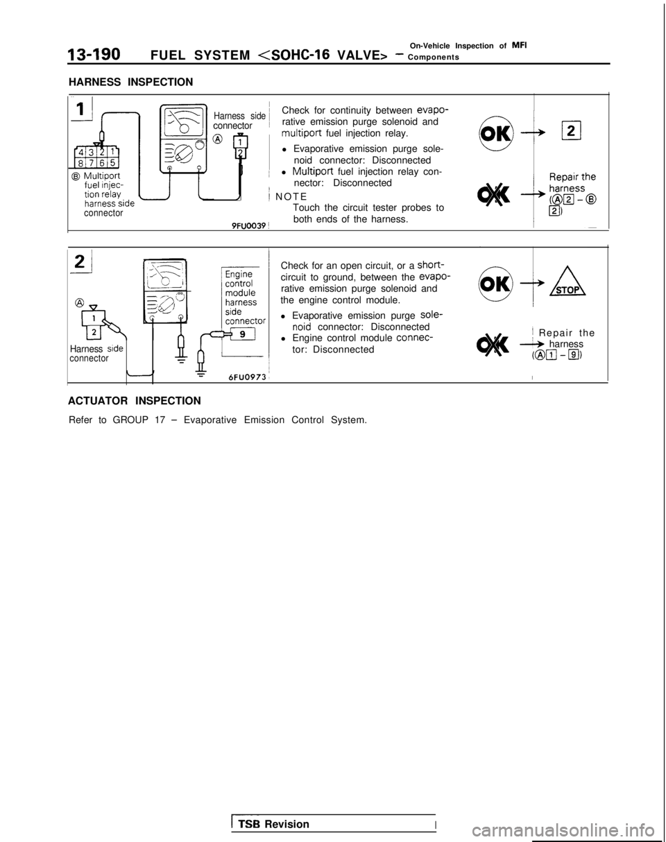 MITSUBISHI GALANT 1989  Service Repair Manual 13-190
On-Vehicle Inspection of MFI
FUEL SYSTEM 
<SOHC-16 VALVE> - Components
HARNESS INSPECTION
@ Multiport
connector ~
Harness sideCheck for continuity between evapo-
connector
~
rative emission pur
