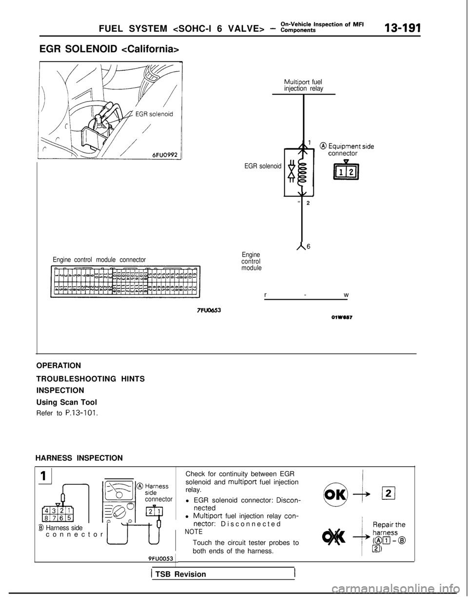MITSUBISHI GALANT 1989  Service Repair Manual FUEL SYSTEM <SOHC-l 6 VALVE> - %i,,:::ti-pection Of MF’13-191
EGR SOLENOID <California>
I
Engine 
control module connector
Multiport  fuel
injection relay
EGR solenoid
connector
\/ ‘
“
 2
A6Engi