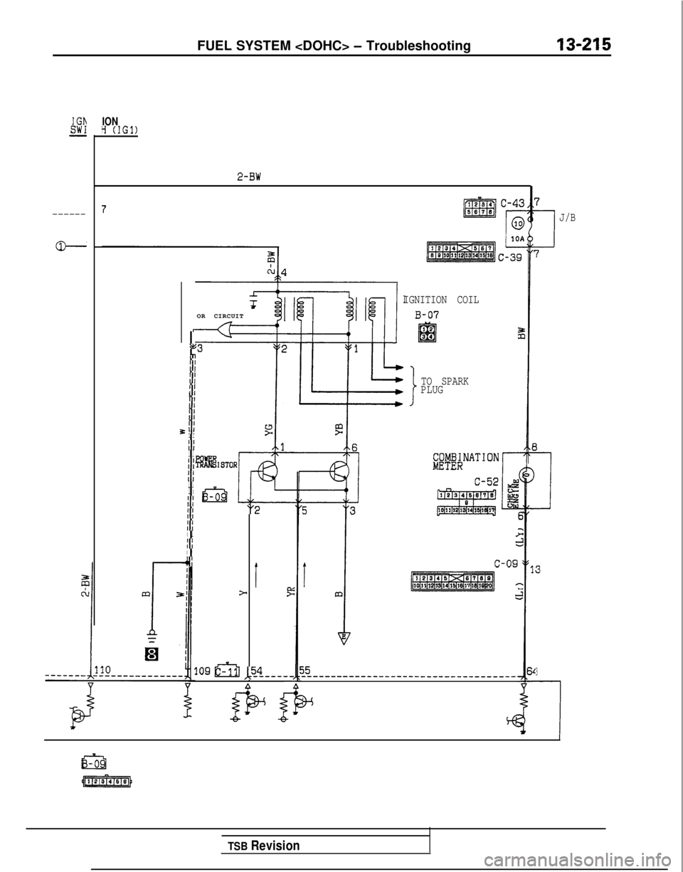 MITSUBISHI GALANT 1989 Service Repair Manual FUEL SYSTEM <DOHC> - Troubleshooting13-215
IGhSW1-
------
P
IONY (IGl)
2-BW
r
a,
r,
II
II
iI
II
It
$I I
III I
II
fII II I
II
II
ItI I
III I
-+I
IGNITION COIL
OR CIRCUITB-07
12El34
TO SPARK
PLUG
“2
I MITSUBISHI GALANT 1989 Service Repair Manual FUEL SYSTEM <DOHC> - Troubleshooting13-215
IGhSW1-
------
P
IONY (IGl)
2-BW
r
a,
r,
II
II
iI
II
It
$I I
III I
II
fII II I
II
II
ItI I
III I
-+I
IGNITION COIL
OR CIRCUITB-07
12El34
TO SPARK
PLUG
“2
I