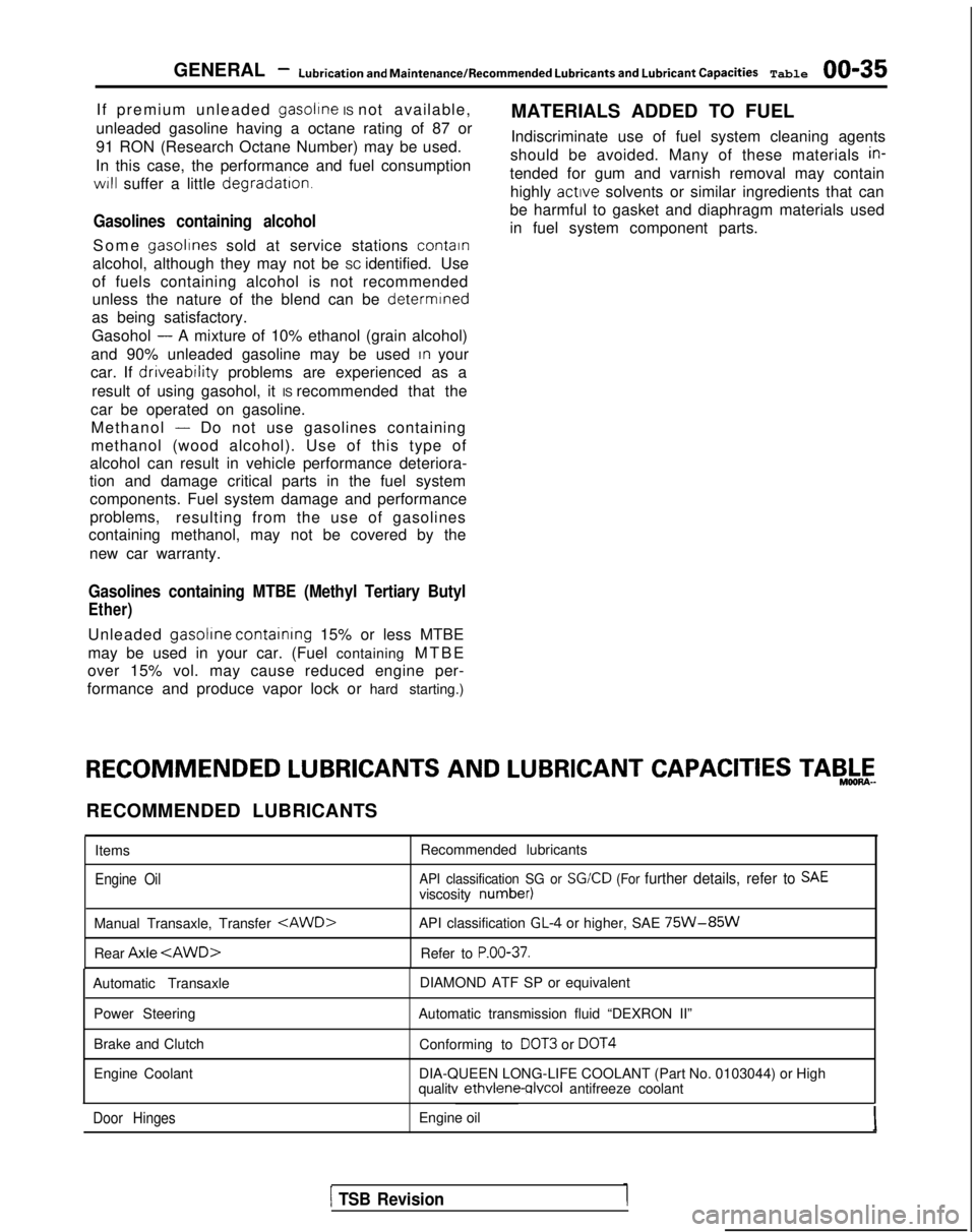 MITSUBISHI GALANT 1989  Service Repair Manual GENERAL -Lubrication and Maintenance/Recommended Lubricants and Lubricant Capacities Table00-35
If premium unleaded gasoltne IS not available,
MATERIALS ADDED TO FUEL
unleaded gasoline having a octane