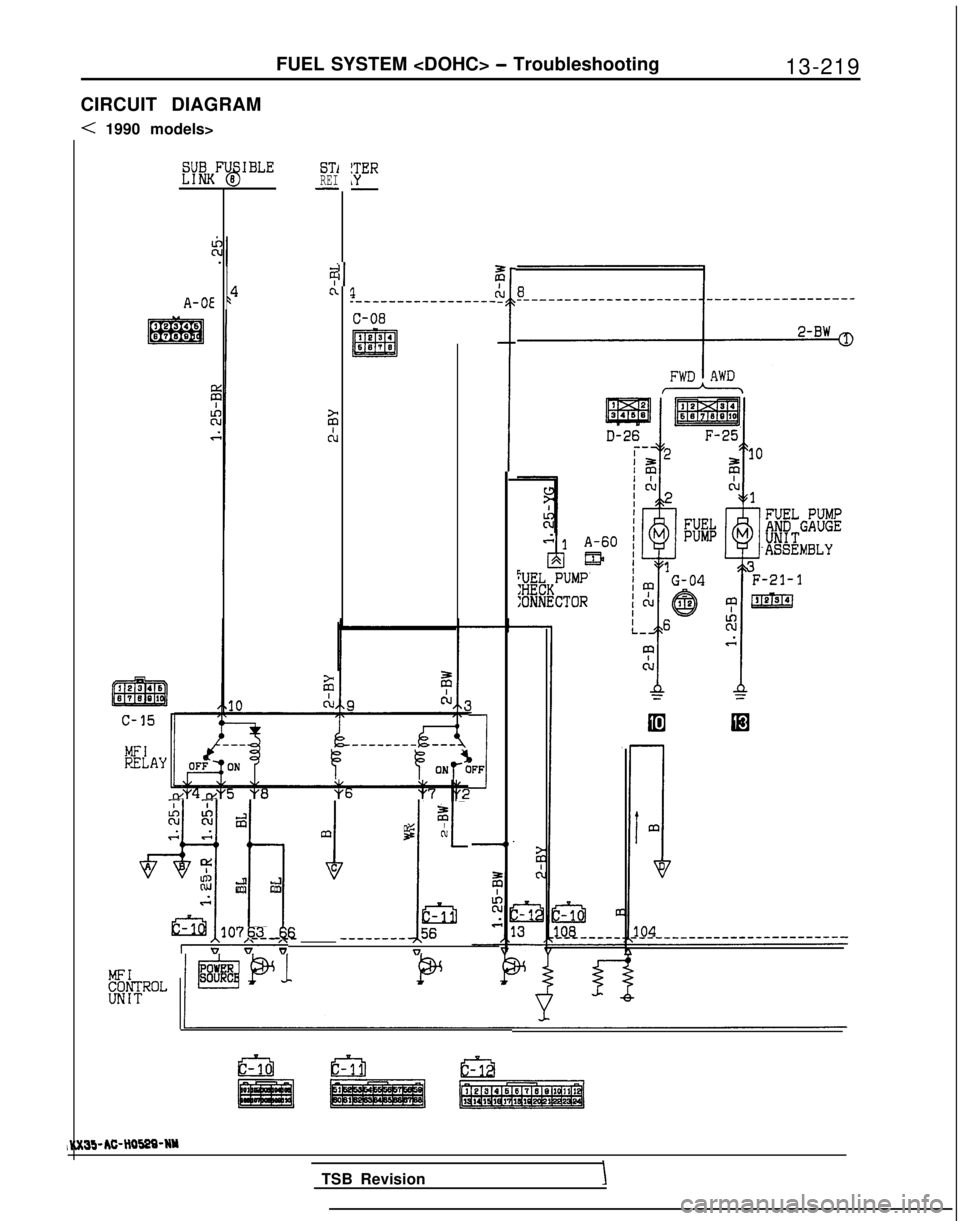 MITSUBISHI GALANT 1989  Service Repair Manual FUEL SYSTEM <DOHC> - Troubleshooting
13-219
CIRCUIT DIAGRAM
< 1990 models>
A-OE
ST1
REI
-
4zi
1CL_-----------------. C-08
1224
m6878
I
&$ ON+
-i- -i
K-i% d2
G %Am
+f-lh I
i
g IAII
Y
% d d
&Gl
107 62 6