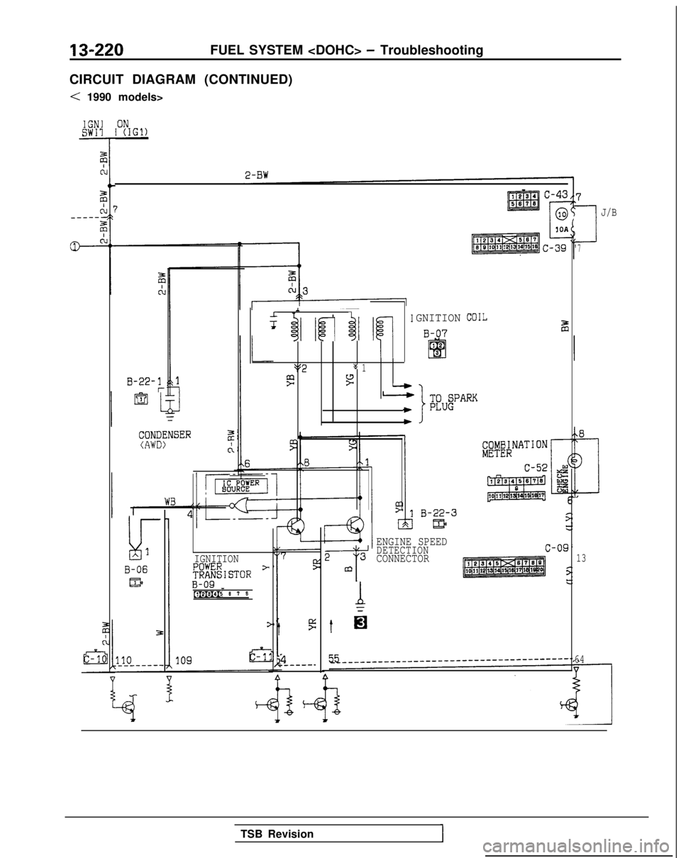 MITSUBISHI GALANT 1989  Service Repair Manual 13-220FUEL SYSTEM <DOHC> - Troubleshooting
CIRCUIT DIAGRAM (CONTINUED)
< 1990 models>
IGNISW17
7
B-22-lr
;;;;yN"ERB
A
L!r3
B-06
m
.AI
;F $1 I$ $I I
fl
I
$52*c 1
2 Y4
*
b
IIGNITION
%%STOR FB-09 _
-4-s 