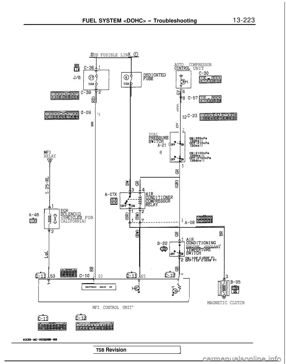 MITSUBISHI GALANT 1989  Service Repair Manual FUEL SYSTEM <DOHC> - Troubleshooting
13-223
JE
I
MFIRELAY
A-40
IEEl
$92
B
EGHS@LENOID(VHEICLES FORCALIFORNIA)
0365
1Y I1 BATTERY BACK UP j
@2
1 FUSIBLE LIN
6
A-07X r
>c
DUAL
DmREA-21 OF;-
@i
AUTO COM