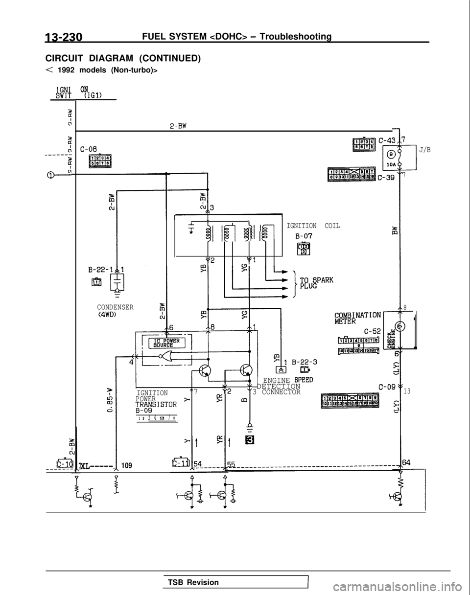 MITSUBISHI GALANT 1989  Service Repair Manual 13-230FUEL SYSTEM <DOHC> - Troubleshooting
CIRCUIT DIAGRAM (CONTINUED)
< 1992 models (Non-turbo)>
8 i8
2
r:
2
c:_---s-w
!
o---”
2
Es_------
ON(IGl)
2-BW
C-08
B-22-
I.@
CONDENSERz(4WD)ci
j:
zd
XL----