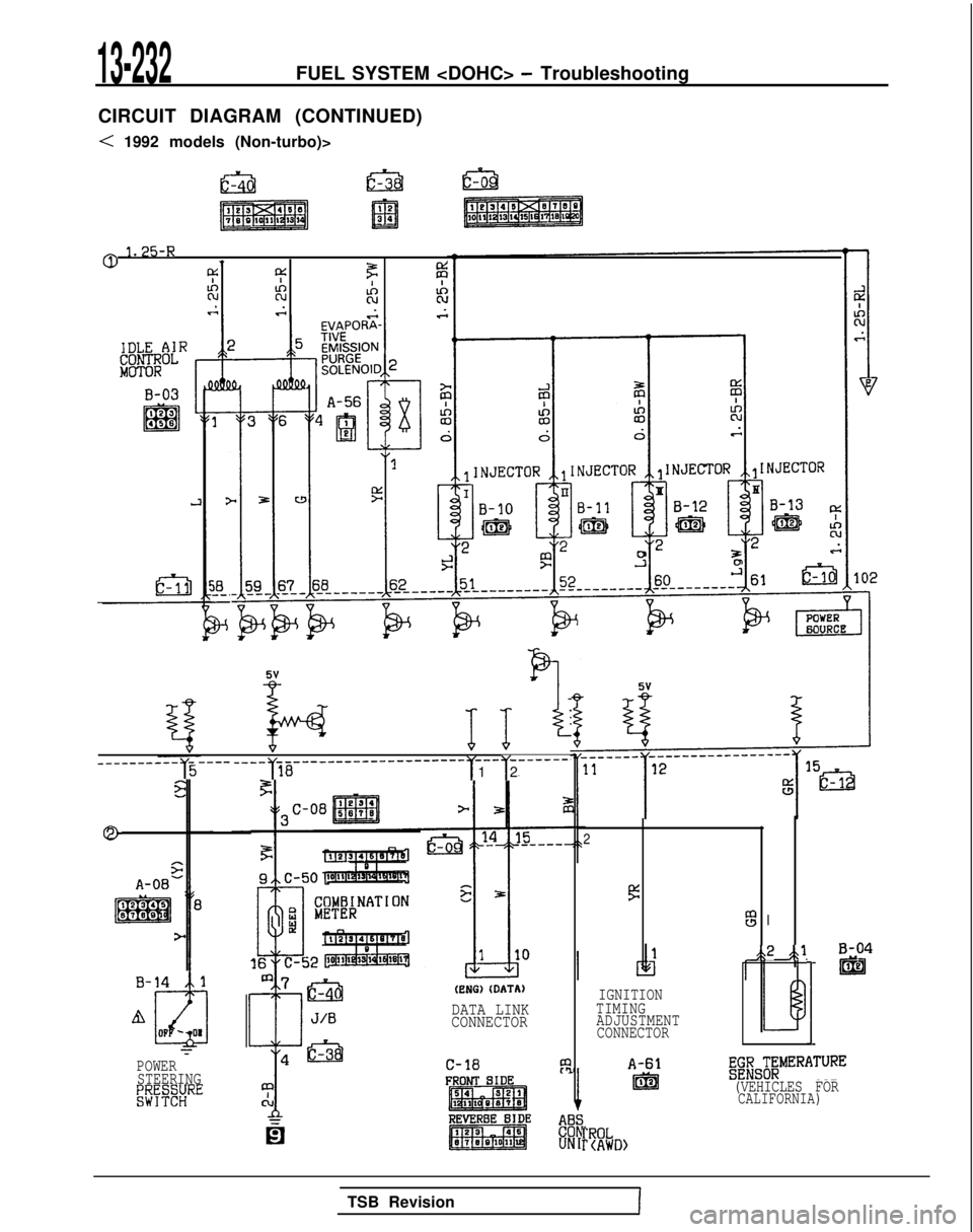 MITSUBISHI GALANT 1989  Service Repair Manual 13-232FUEL SYSTEM <DOHC> - Troubleshooting
CIRCUIT DIAGRAM (CONTINUED)
< 1992 models (Non-turbo)>
1.25-R7
g:4:
kcR7 e
zR8-A c,.s
$3--.
G
5v
b11“4,
__- -__- ---ys ------YE--
____-__-_-------- ------m