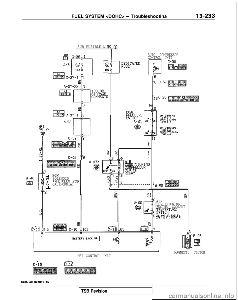 MITSUBISHI GALANT 1989  Service Repair Manual FUEL SYSTEM <DOHC> - Troubleshootina
SUB FUSIBLE LIh
I
A-48
m
;I2Ll
z
ku2
i
I
E
??
is
1
1
EGK
x
SOLENOIDWHEICLES FORCALIFORNIA)
2
E
E-
r
A-07X
El3

4
IK
T
>
si
EFATEDA
AUTO COMPRESSOR
CONTROL UNIT
;E5