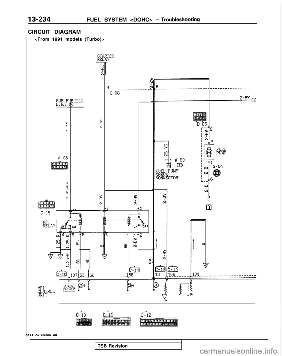 MITSUBISHI GALANT 1989  Service Repair Manual 13-234FUEL SYSTEM <DOHC> - Troubleshootinca
CIRCUIT DIAGRAM<From 1991 models (Turbo)>
c-15
r
IBLE
:C
C
h
c;
;ER
z
4C.---- -------------.C-08
z
CL
1jk3
I,“7 "2
zg CL
2
ml
=+&&i6 ____ -------m&6
I Y
 