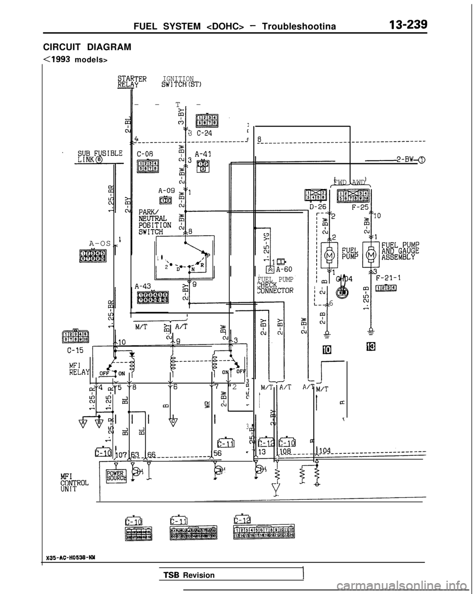 MITSUBISHI GALANT 1989  Service Repair Manual FUEL SYSTEM <DOHC> - Troubleshootina13-239
CIRCUIT DIAGRAM
-Cl993 models>
A-OS
JER IGNITIONSWlTCH(ST)
--T
 -
3 C-24c
4c
L l ,P
‘*2
A-43
+$1 A’Tz
, .I \/\,, \/3
I$4 $5 "8"6"7 "2 9
%Ki dF;rv,. 84m