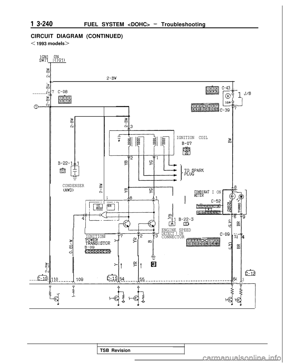 MITSUBISHI GALANT 1989  Service Repair Manual 1 S-240FUEL SYSTEM <DOHC> - Troubleshooting
CIRCUIT DIAGRAM (CONTINUED)
< 1993 models>
IGNISW11
2
C
30
z’-------
2
ci+
21
&--------
I?YGl)
2-BW
7 C-08
1134
m5870
CONDENSERz(AWD)ct
j--
IER11
I ’IGN