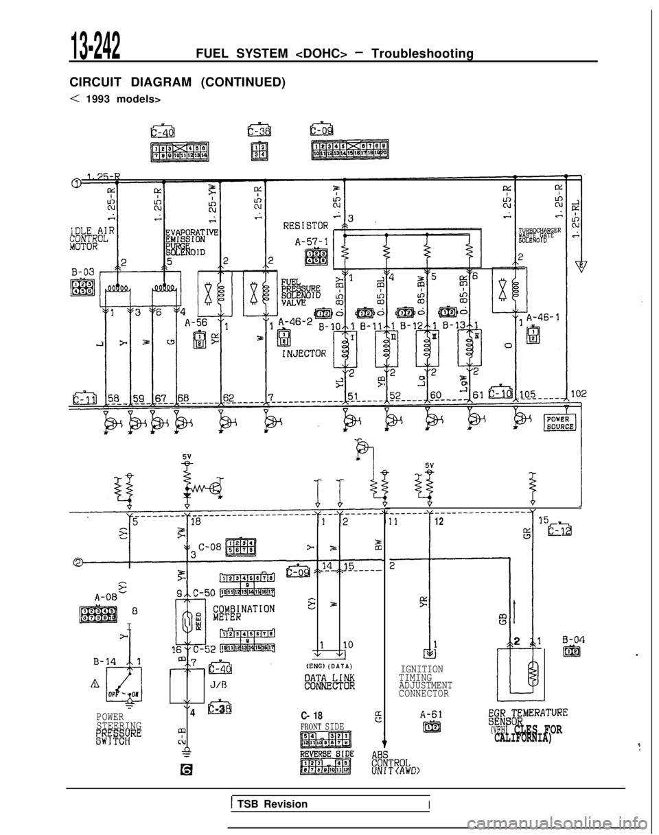 MITSUBISHI GALANT 1989  Service Repair Manual 13-242FUEL SYSTEM <DOHC> - Troubleshooting
CIRCUIT DIAGRAM (CONTINUED)
< 1993 models>
sA-OB-
I
6
T
POWERSTEERINGgpX&RE
J/l3
\,\I4c-3
m
clLl
;
z
~~+l~:&--
*.z 3.
110+ v]
(CNG) (DATA
 )
C- 18EFRONT SIDE