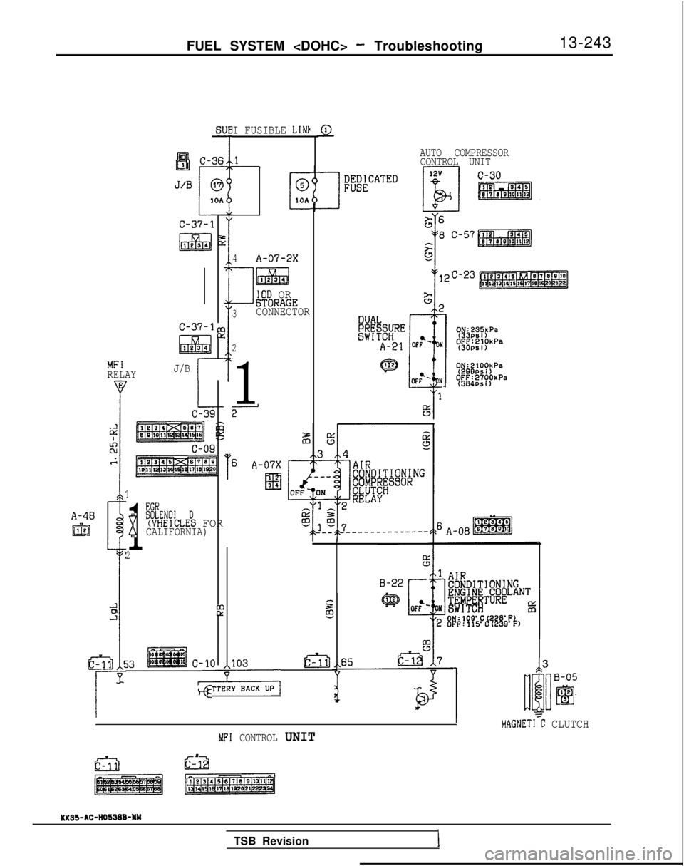 MITSUBISHI GALANT 1989  Service Repair Manual FUEL SYSTEM <DOHC> - Troubleshooting
13-243
A-48
IEEl
Sl-
c-37-3,:
l&l
lx
1e34
MFIRELAYJ/Br
1
1
x
BSLHENOI D(VHEICLES FORCALIFORNIA)
2
&
53c-10
-
103
, BAWL”‘,
E2-J
G
I FUSIBLE LINb
C
0
10A
4A-07-
