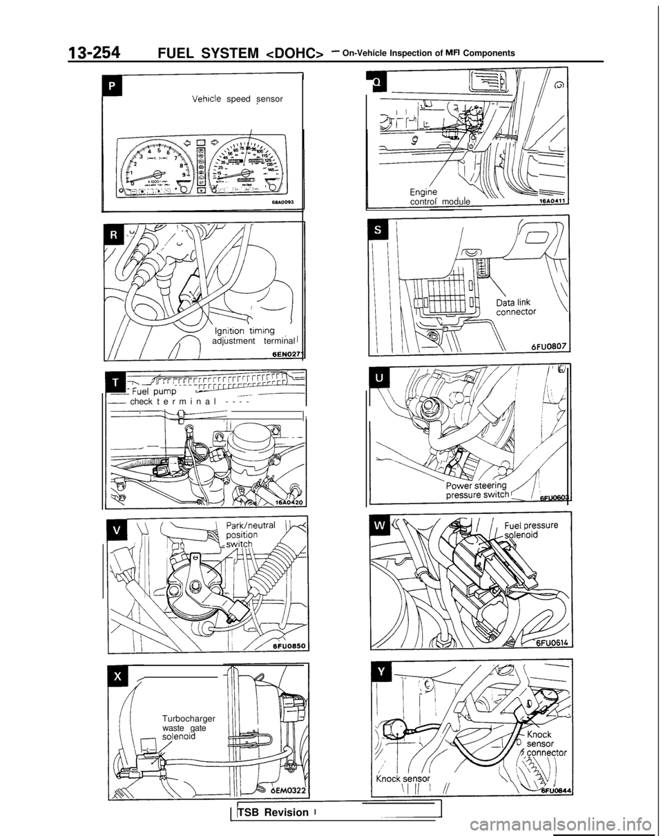 MITSUBISHI GALANT 1989  Service Repair Manual 13-254FUEL SYSTEM <DOHC>- On-Vehicle Inspection of MFI ComponentsVehicle
 speed sensor
adjustment terminal
- check terminal ---
 -
II
,
Turbocharger
waste gate
a,ylenoid
‘I K&h--
=yq@
control module