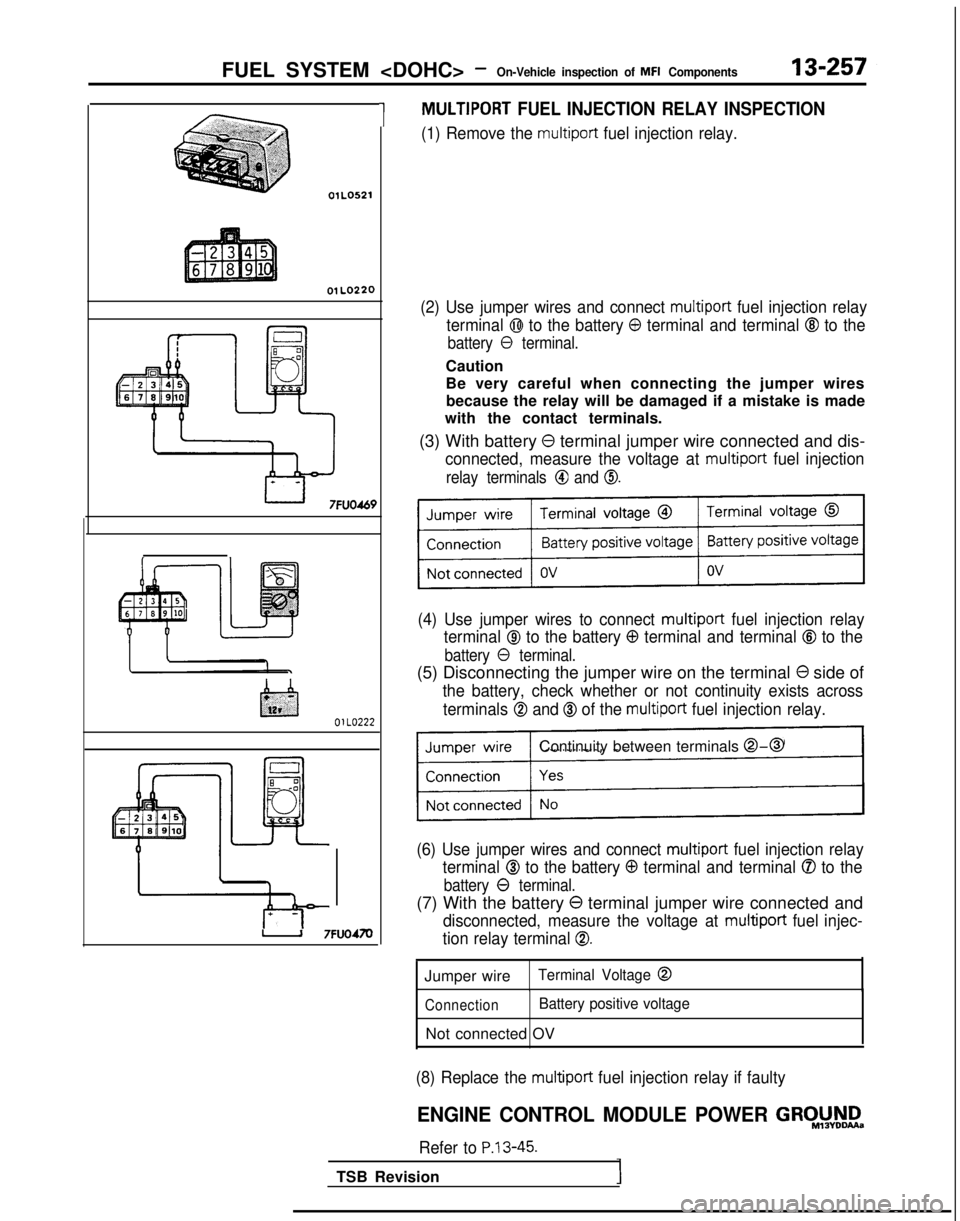 MITSUBISHI GALANT 1989  Service Repair Manual FUEL SYSTEM <DOHC> -On-Vehicle inspection of MFI Components13-257
OlLO521
01 
LO220
fx!l
.‘,~‘,_C;:i2J,‘:,
OlLO222
1J 7FUO470
1MULTIPORT FUEL INJECTION RELAY INSPECTION
(1) Remove the multiport 