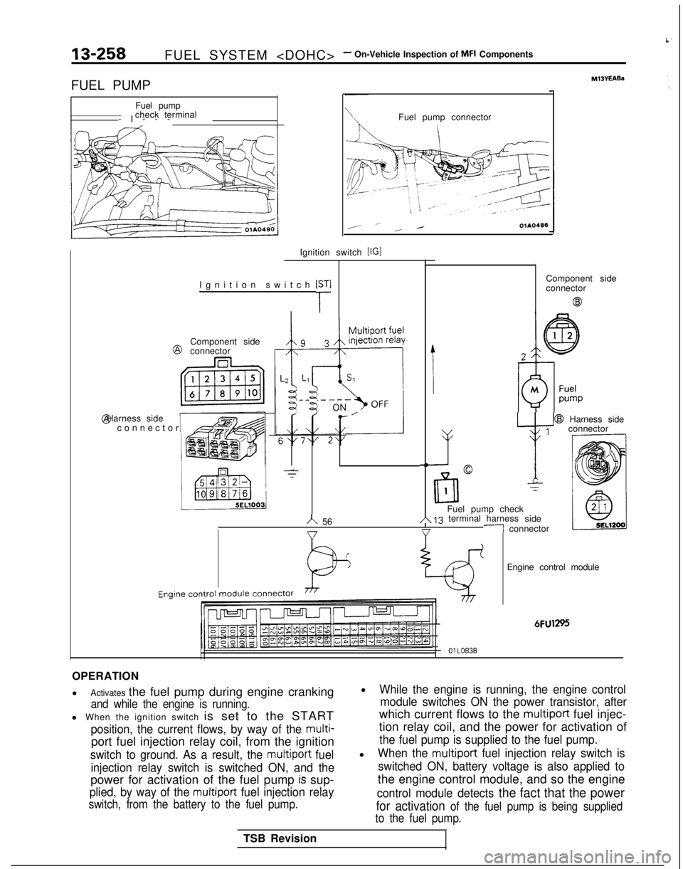 MITSUBISHI GALANT 1989  Service Repair Manual k.
13-258FUEL SYSTEM <DOHC>- On-Vehicle Inspection of MFI Components
FUEL PUMP Fuel pump
check terminal
-I--
 -
Ignition switch 
[r
Ignition switch [IGI @
Component side
connector @ Harness side
Iconn