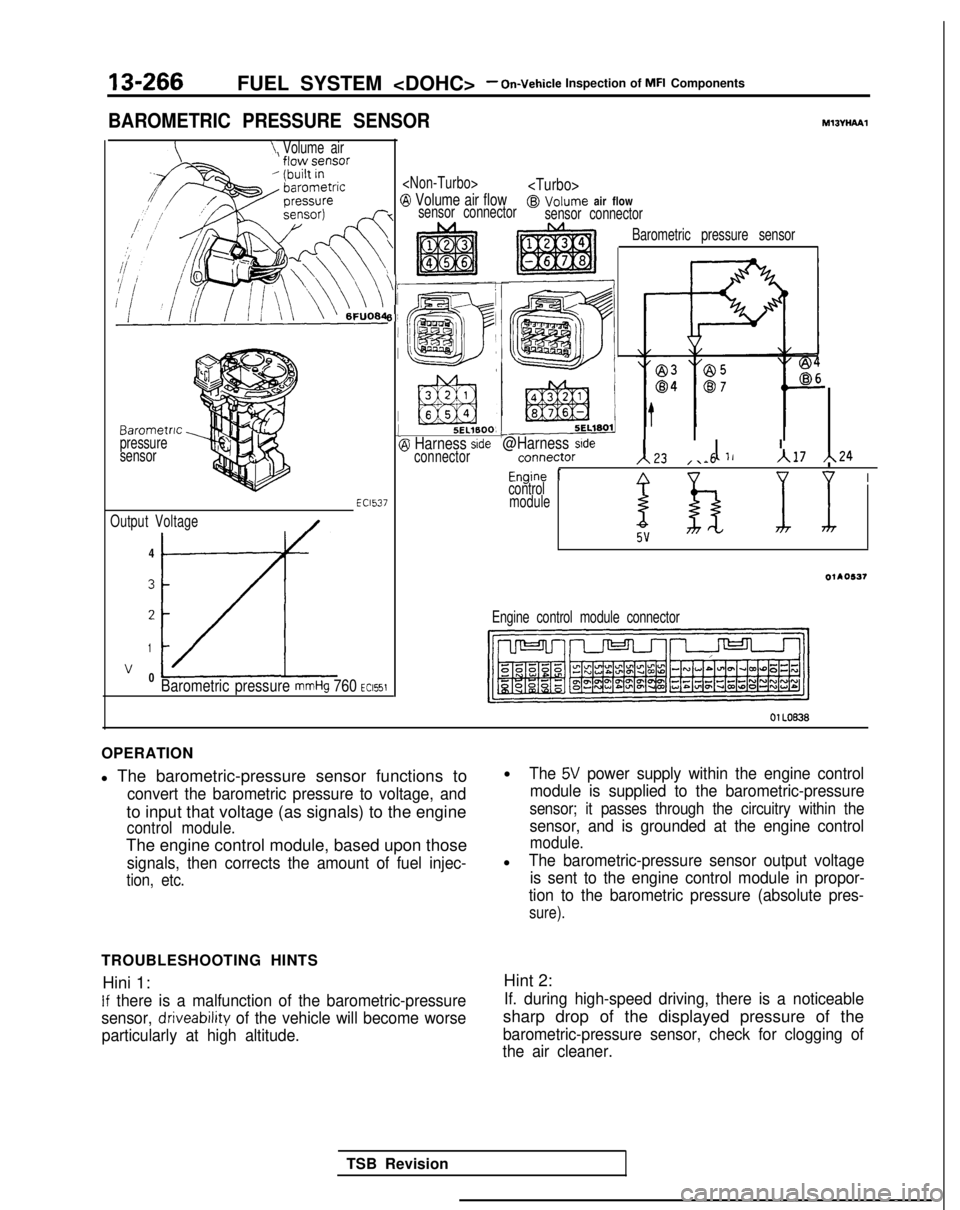 MITSUBISHI GALANT 1989 Service Repair Manual 13-266FUEL SYSTEM <DOHC>- On-vehicle Inspection of MFI Components
BAROMETRIC PRESSURE SENSORMl3VHPYPl
\ Volume air
Barometric
pressure
sensor
Output Voltage
/-4
3
2
1
v 0LzLBarometric pressure mmHg 76 MITSUBISHI GALANT 1989 Service Repair Manual 13-266FUEL SYSTEM <DOHC>- On-vehicle Inspection of MFI Components
BAROMETRIC PRESSURE SENSORMl3VHPYPl
\ Volume air
Barometric
pressure
sensor
Output Voltage
/-4
3
2
1
v 0LzLBarometric pressure mmHg 76