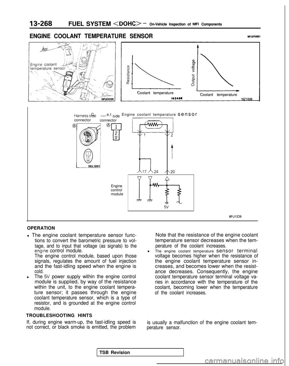 MITSUBISHI GALANT 1989 Service Repair Manual 13-26813-268FUEL SYSTEM <DOHC> -FUEL SYSTEM <DOHC> -On-Vehicle Inspection of MFI Components
On-Vehicle Inspection of MFI Components
ENGINE COOLANT TEMPERATURE SENSOR
ENGINE COOLANT TEMPERATURE SENSORM MITSUBISHI GALANT 1989 Service Repair Manual 13-26813-268FUEL SYSTEM <DOHC> -FUEL SYSTEM <DOHC> -On-Vehicle Inspection of MFI Components
On-Vehicle Inspection of MFI Components
ENGINE COOLANT TEMPERATURE SENSOR
ENGINE COOLANT TEMPERATURE SENSORM