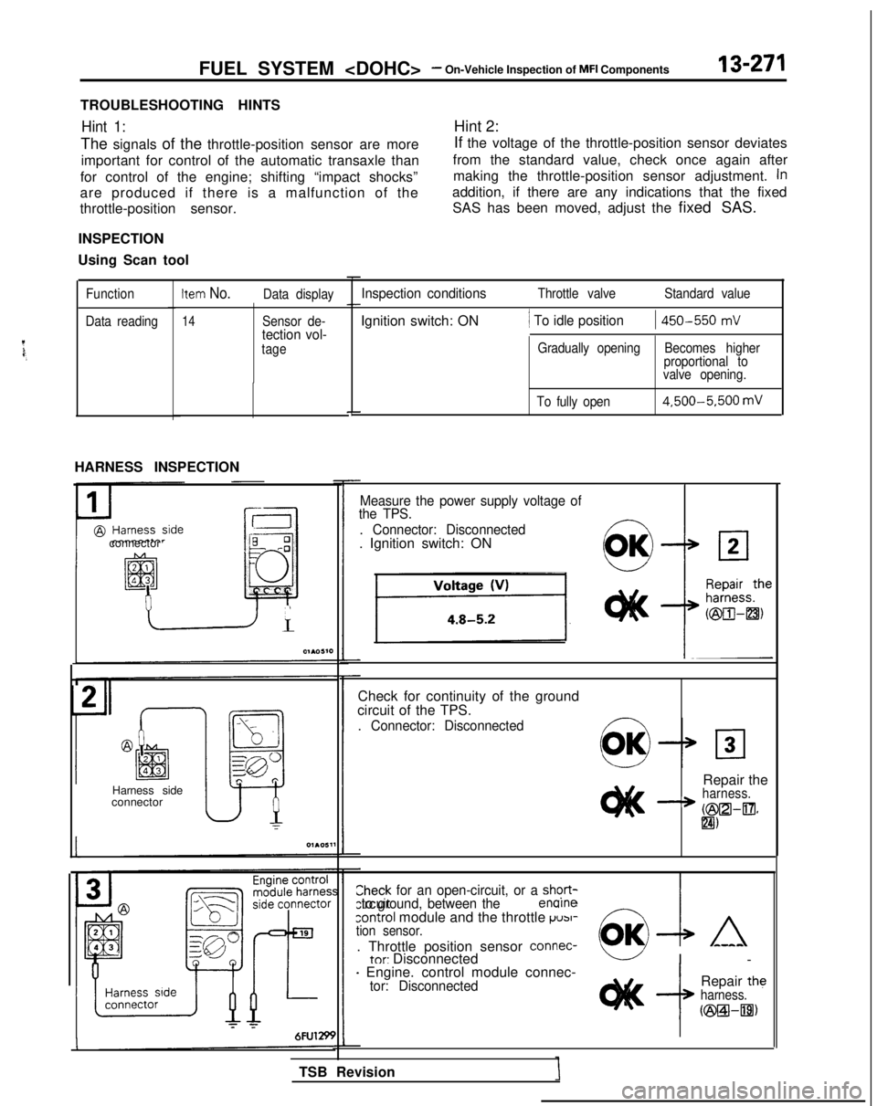 MITSUBISHI GALANT 1989 Service Repair Manual FUEL SYSTEM <DOHC>- On-Vehicle Inspection of MFI Components13-271
TROUBLESHOOTING HINTS
Hint 1:
The signals of the throttle-position sensor are more
important for control of the automatic transaxle th MITSUBISHI GALANT 1989 Service Repair Manual FUEL SYSTEM <DOHC>- On-Vehicle Inspection of MFI Components13-271
TROUBLESHOOTING HINTS
Hint 1:
The signals of the throttle-position sensor are more
important for control of the automatic transaxle th