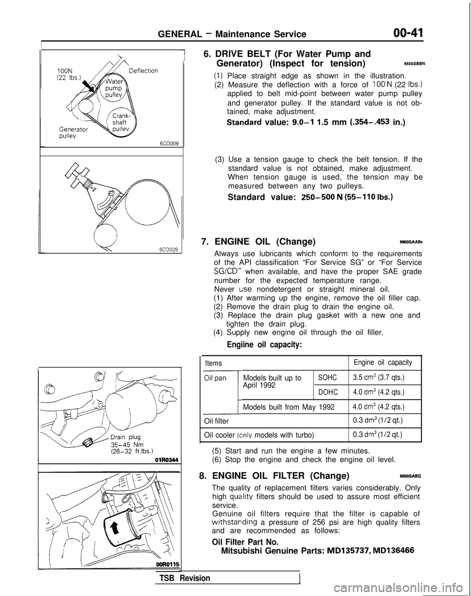 MITSUBISHI GALANT 1989  Service Repair Manual GENERAL - Maintenance Service00-41
-1
6COOO9
L!6COO39
OlR0344
6. DRIVE BELT (For Water Pump and
Generator) (Inspect for tension)
MOOSBBN
(1) Place straight edge as shown in the illustration.
(2) Measu