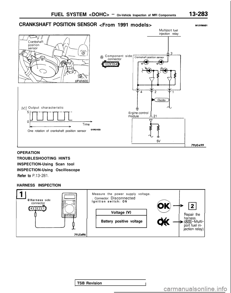 MITSUBISHI GALANT 1989 Service Repair Manual FUEL SYSTEM <DOHC> -On-Vehicle Inspection of MFI Components
CRANKSHAFT POSITION SENSOR
[VI 1 Output characteristic
One rotation of crankshaft position sensor
01R0’03
Engine controlmqdule21
R5VJ7FUO4 MITSUBISHI GALANT 1989 Service Repair Manual FUEL SYSTEM <DOHC> -On-Vehicle Inspection of MFI Components
CRANKSHAFT POSITION SENSOR
[VI 1 Output characteristic
One rotation of crankshaft position sensor
01R0’03
Engine controlmqdule21
R5VJ7FUO4