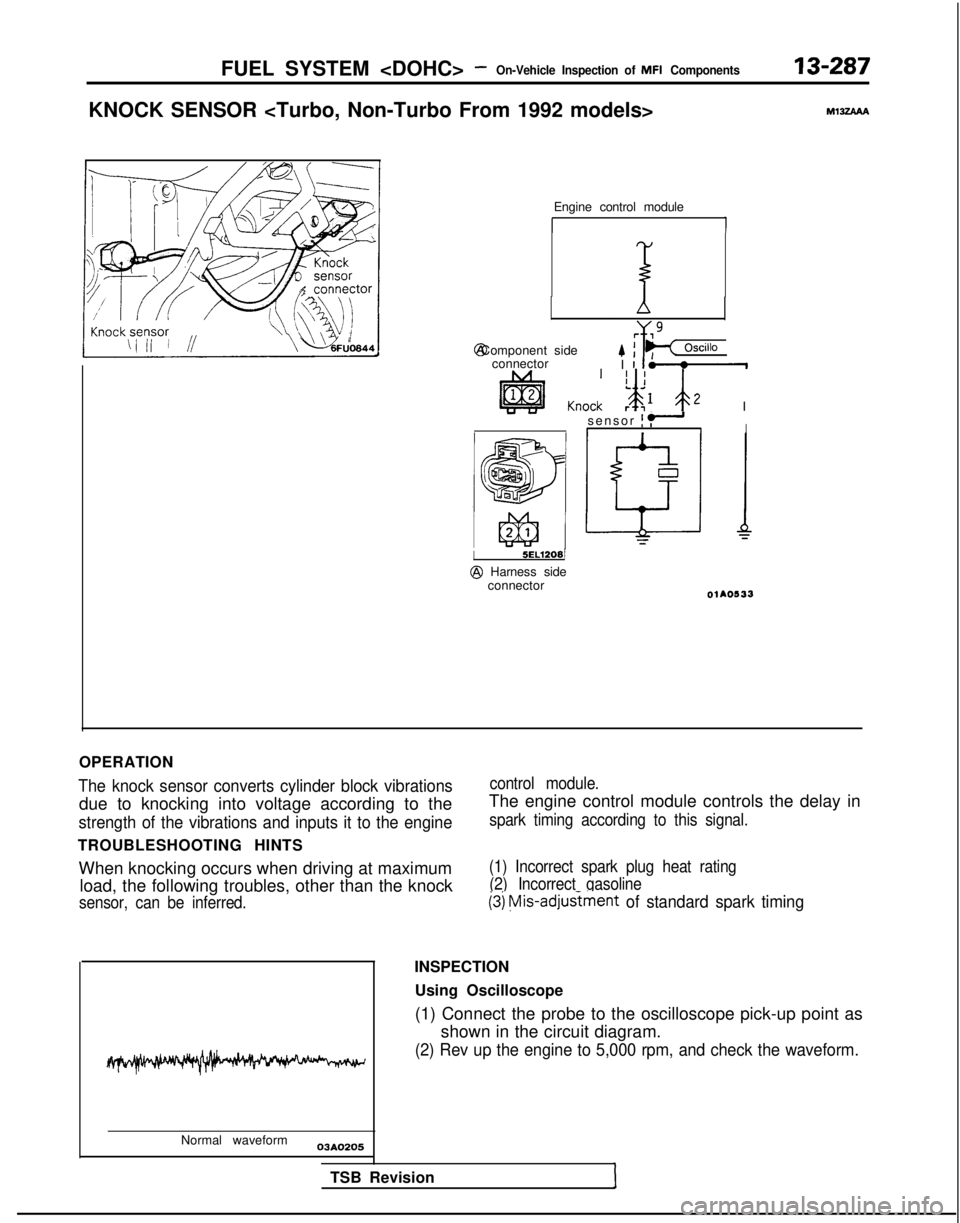 MITSUBISHI GALANT 1989 Service Repair Manual FUEL SYSTEM <DOHC> -On-Vehicle Inspection of MFI Components 13-287
KNOCK SENSOR <Turbo, Non-Turbo From 1992 models>
M13zAAA
Engine control module
1 @ Component side
Oscillo
connector
I it’
ti hoc: ! MITSUBISHI GALANT 1989 Service Repair Manual FUEL SYSTEM <DOHC> -On-Vehicle Inspection of MFI Components 13-287
KNOCK SENSOR <Turbo, Non-Turbo From 1992 models>
M13zAAA
Engine control module
1 @ Component side
Oscillo
connector
I it’
ti hoc: !