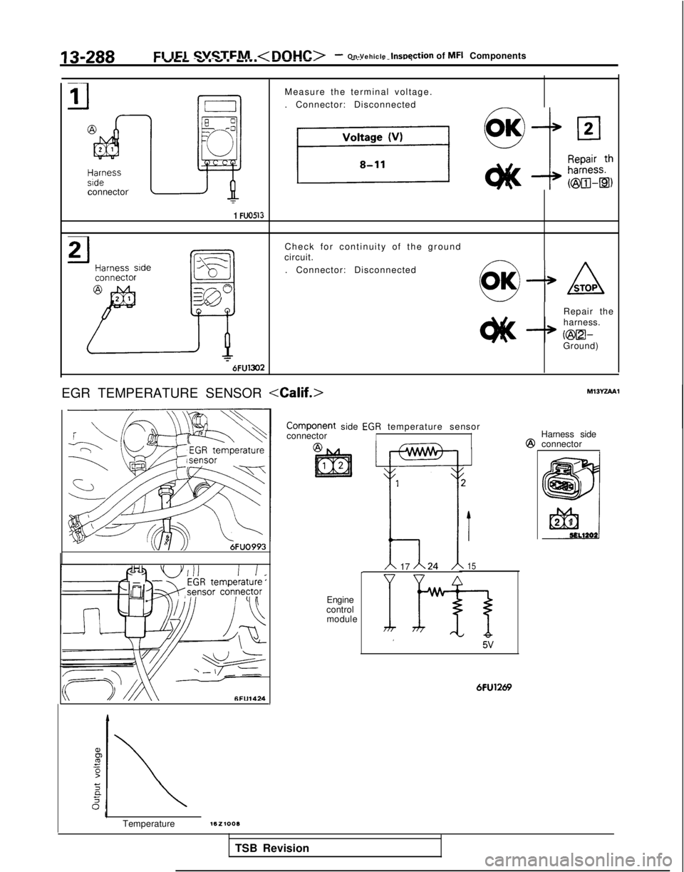 MITSUBISHI GALANT 1989 Service Repair Manual 12,7QQFI IFI GVSXFM <lMX-lr.>- On-Vehicle lnmection
of MFI ComponentsId-LuvI “Lh V.V. h.1. .--..v-_.. .- .
connector Measure the terminal voltage.
. Connector: Disconnected
pf?q f$!?;
1 FU0513
Che MITSUBISHI GALANT 1989 Service Repair Manual 12,7QQFI IFI GVSXFM <lMX-lr.>- On-Vehicle lnmection
of MFI ComponentsId-LuvI “Lh V.V. h.1. .--..v-_.. .- .
connector Measure the terminal voltage.
. Connector: Disconnected
pf?q f$!?;
1 FU0513
Che