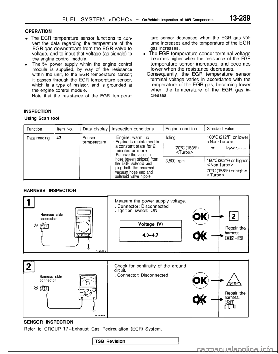 MITSUBISHI GALANT 1989 Service Repair Manual FUEL SYSTEM <DOHC> -On-Vehicle Inspection of MFI Components13-289
OPERATION
l The EGR temperature sensor functions to con-
vert the data regarding the temperature of the
EGR gas downstream from the EG MITSUBISHI GALANT 1989 Service Repair Manual FUEL SYSTEM <DOHC> -On-Vehicle Inspection of MFI Components13-289
OPERATION
l The EGR temperature sensor functions to con-
vert the data regarding the temperature of the
EGR gas downstream from the EG