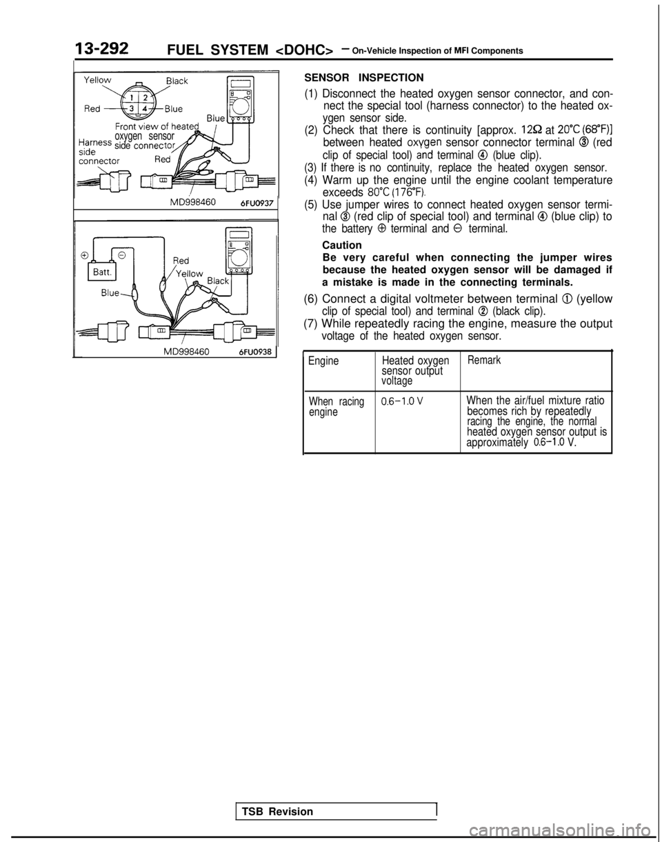 MITSUBISHI GALANT 1989 Service Repair Manual 13-292FUEL SYSTEM <DOHC>- On-Vehicle Inspection of MFI Components
Harnessoxygen sensorside connec
MD9984606FUO937
MD9984606FUO938
SENSOR INSPECTION
(1) Disconnect the heated oxygen sensor connector, a MITSUBISHI GALANT 1989 Service Repair Manual 13-292FUEL SYSTEM <DOHC>- On-Vehicle Inspection of MFI Components
Harnessoxygen sensorside connec
MD9984606FUO937
MD9984606FUO938
SENSOR INSPECTION
(1) Disconnect the heated oxygen sensor connector, a