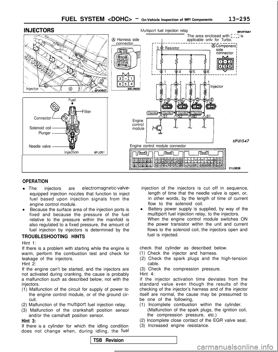 MITSUBISHI GALANT 1989  Service Repair Manual FUEL SYSTEM <DOHC> -On-Vehicle  Inspection
  of
  MFI
  Components13-295
Filter
Connector
Solenoid coil
Plunger
Needle valve -&$
lnjedtion6FUO51
Multiport
 fuel injection relayMIBvrbA1
I
The area encl