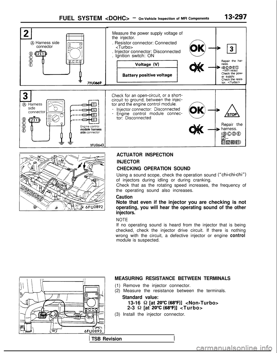 MITSUBISHI GALANT 1989 Service Repair Manual FUEL SYSTEM <DOHC> - On-Vehicle
inspection
of MFI
Components13-297
@I Harness sideconnector
Measure the power supply voltage of
the injector.
. Resistor connector: Connected <Turbo>
. Injector c MITSUBISHI GALANT 1989 Service Repair Manual FUEL SYSTEM <DOHC> - On-Vehicle
inspection
of MFI
Components13-297
@I Harness sideconnector
Measure the power supply voltage of
the injector.
. Resistor connector: Connected <Turbo>
. Injector c