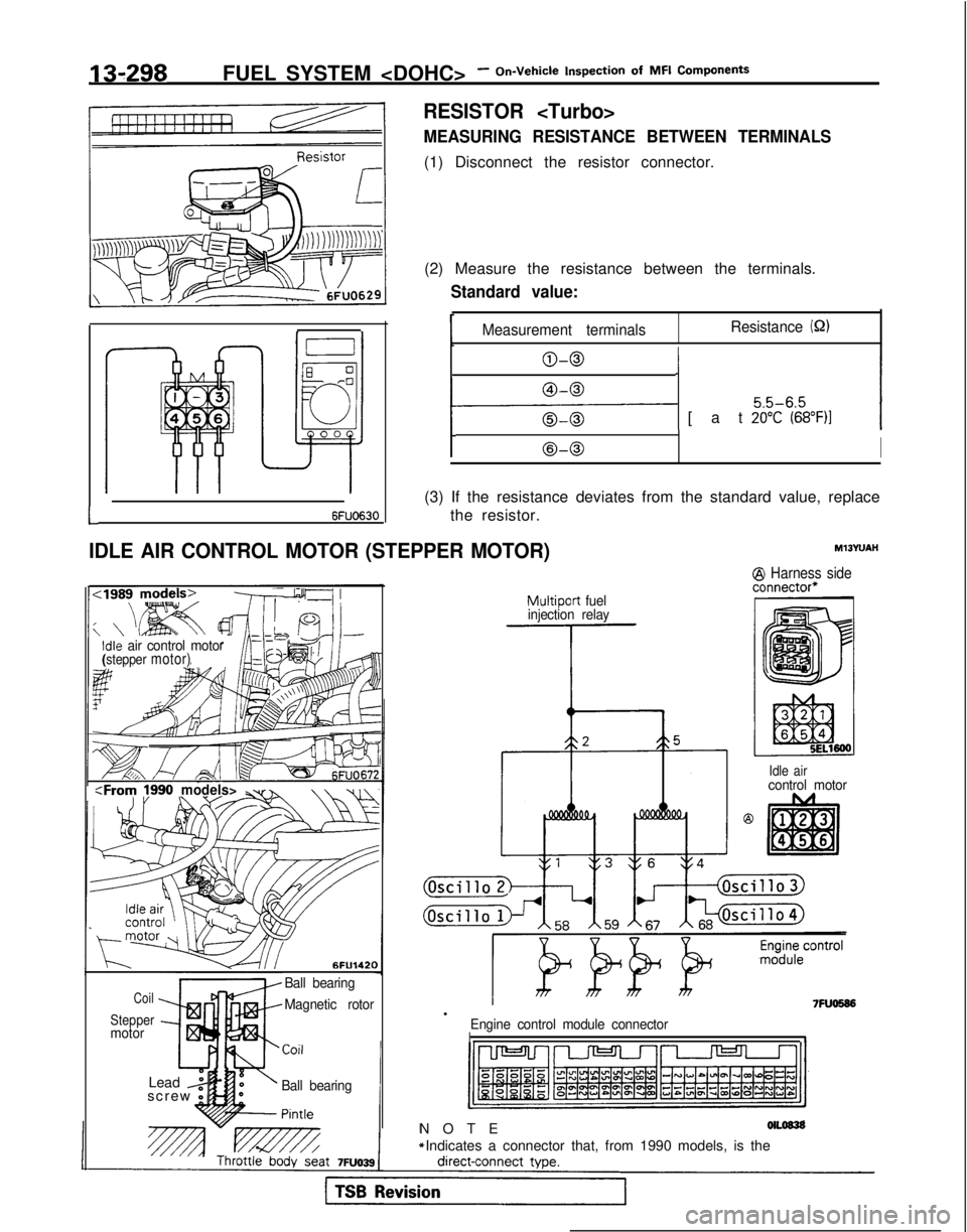 MITSUBISHI GALANT 1989 Service Repair Manual 131298FUEL SYSTEM <DOHC>- On-Vehicle Inspection
of
MFI Components
E 0,-I3
4
El00
RESISTOR <Turbo>
MEASURING RESISTANCE BETWEEN TERMINALS
(1) Disconnect the resistor connector.
(2) Measure the resi MITSUBISHI GALANT 1989 Service Repair Manual 131298FUEL SYSTEM <DOHC>- On-Vehicle Inspection
of
MFI Components
E 0,-I3
4
El00
RESISTOR <Turbo>
MEASURING RESISTANCE BETWEEN TERMINALS
(1) Disconnect the resistor connector.
(2) Measure the resi