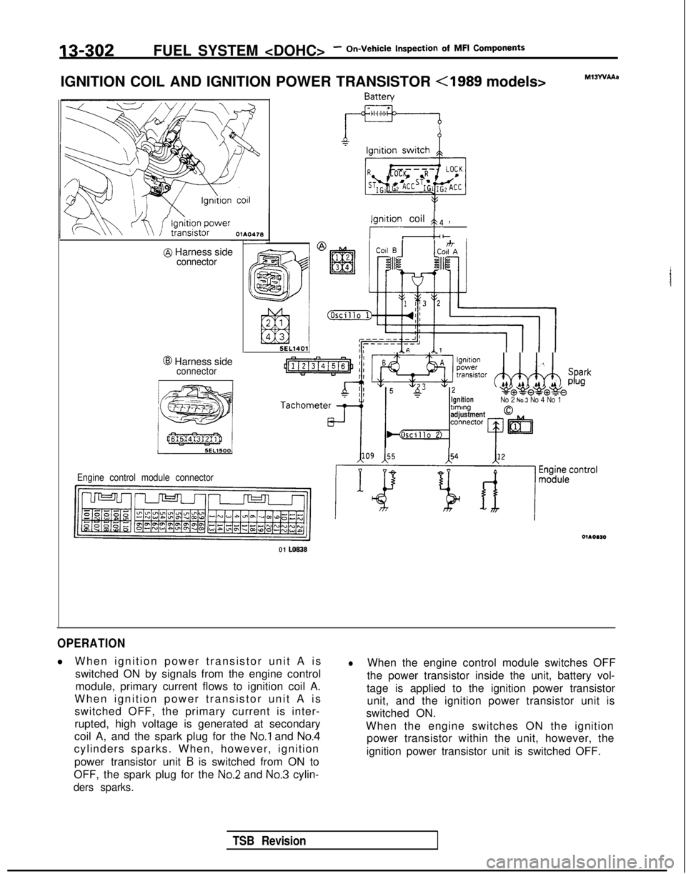 MITSUBISHI GALANT 1989 Service Repair Manual 13-302FUEL SYSTEM <DOHC>- On-Vehicle Inspection
of MFI
Components
IGNITION COIL AND IGNITION POWER TRANSISTOR
<I989 models>
Batterv
tm3wAAa
@ Harness sideconnector
@ Harness sideconnector
/gniti MITSUBISHI GALANT 1989 Service Repair Manual 13-302FUEL SYSTEM <DOHC>- On-Vehicle Inspection
of MFI
Components
IGNITION COIL AND IGNITION POWER TRANSISTOR
<I989 models>
Batterv
tm3wAAa
@ Harness sideconnector
@ Harness sideconnector
/gniti