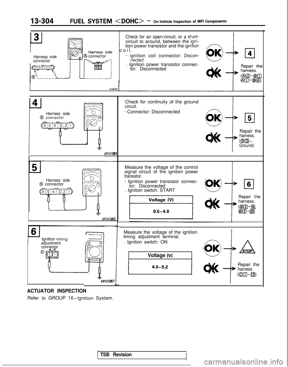 MITSUBISHI GALANT 1989 Service Repair Manual 13-304FUEL SYSTEM <DOHC> - On-Vehicle
Inspection
of MFI
Components
Harness side
connector
Check for an open-circuit, or a short-circuit to around, between the iani- ~
tion power transistor and MITSUBISHI GALANT 1989 Service Repair Manual 13-304FUEL SYSTEM <DOHC> - On-Vehicle
Inspection
of MFI
Components
Harness side
connector
Check for an open-circuit, or a short-circuit to around, between the iani- ~
tion power transistor and