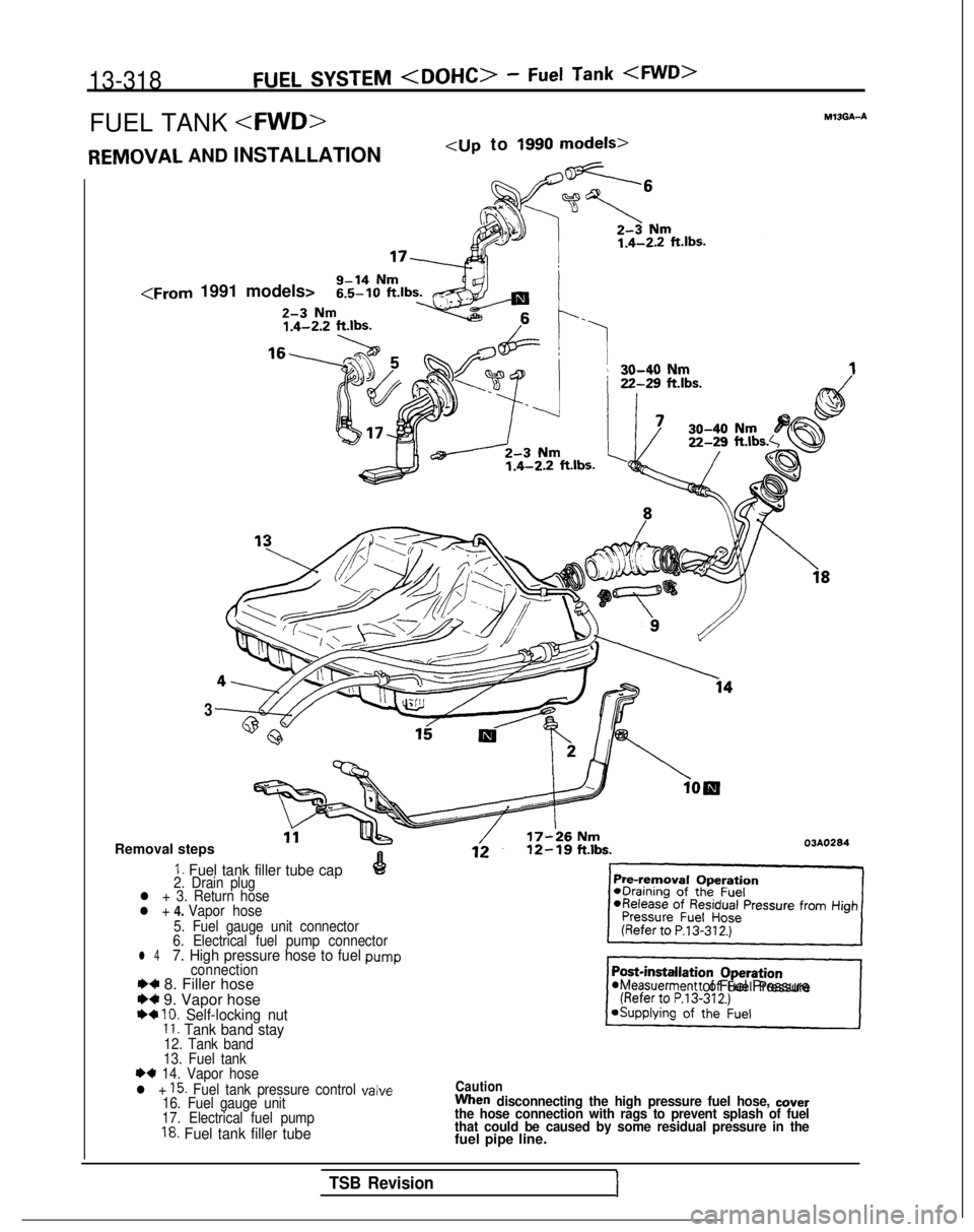 MITSUBISHI GALANT 1989 Service Repair Manual 13-318FUEL SYSTEM <DOHC> - Fuel Tank <FWD>
FUEL TANK <FWD>MIBGA-AREMOVAL
AND INSTALLATION
<up to 1990 models>
<From 1991 models>
3
Removal steps 03A0284
1. Fuel tank filler tube cap2. Drain plugl + 3 MITSUBISHI GALANT 1989 Service Repair Manual 13-318FUEL SYSTEM <DOHC> - Fuel Tank <FWD>
FUEL TANK <FWD>MIBGA-AREMOVAL
AND INSTALLATION
<up to 1990 models>
<From 1991 models>
3
Removal steps 03A0284
1. Fuel tank filler tube cap2. Drain plugl + 3