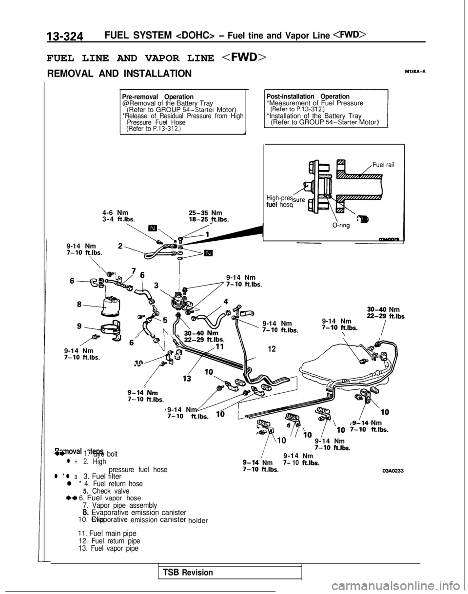 MITSUBISHI GALANT 1989 Service Repair Manual 13-324FUEL SYSTEM <DOHC> - Fuel tine and Vapor Line <FWD>
FUEL LINE AND VAPOR LINE
<FWD>
REMOVAL AND INSTALLATIONM13KA-A
Pre-removal Operation@Removal of the Battery Tray (Refer to GROUP 54-Starter
MITSUBISHI GALANT 1989 Service Repair Manual 13-324FUEL SYSTEM <DOHC> - Fuel tine and Vapor Line <FWD>
FUEL LINE AND VAPOR LINE
<FWD>
REMOVAL AND INSTALLATIONM13KA-A
Pre-removal Operation@Removal of the Battery Tray (Refer to GROUP 54-Starter