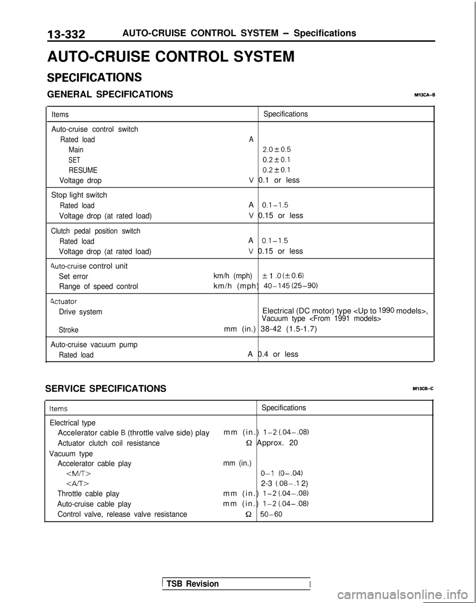 MITSUBISHI GALANT 1989 Service Repair Manual 13-332
AUTO-CRUISE CONTROL SYSTEM - Specifications
AUTO-CRUISE CONTROL SYSTEM
SPECIFICATIONS
GENERAL SPECIFICATIONSM13CA--B
Items
Auto-cruise control switch
Rated load Main
SET
RESUME
Voltage drop
Sto MITSUBISHI GALANT 1989 Service Repair Manual 13-332
AUTO-CRUISE CONTROL SYSTEM - Specifications
AUTO-CRUISE CONTROL SYSTEM
SPECIFICATIONS
GENERAL SPECIFICATIONSM13CA--B
Items
Auto-cruise control switch
Rated load Main
SET
RESUME
Voltage drop
Sto