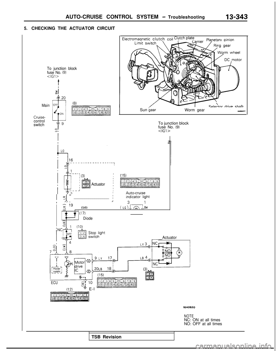 MITSUBISHI GALANT 1989 Service Repair Manual AUTO-CRUISE CONTROL SYSTEM - Troubleshooting
5.CHECKING THE ACTUATOR CIRCUIT
Electromannetic clutch coil Clutch @at’!Planetarv oinion
To junction block
fuse No. (9)<IGl>
Ccdtnr riri\mchnftMainSun <e MITSUBISHI GALANT 1989 Service Repair Manual AUTO-CRUISE CONTROL SYSTEM - Troubleshooting
5.CHECKING THE ACTUATOR CIRCUIT
Electromannetic clutch coil Clutch @at’!Planetarv oinion
To junction block
fuse No. (9)<IGl>
Ccdtnr riri\mchnftMainSun <e
