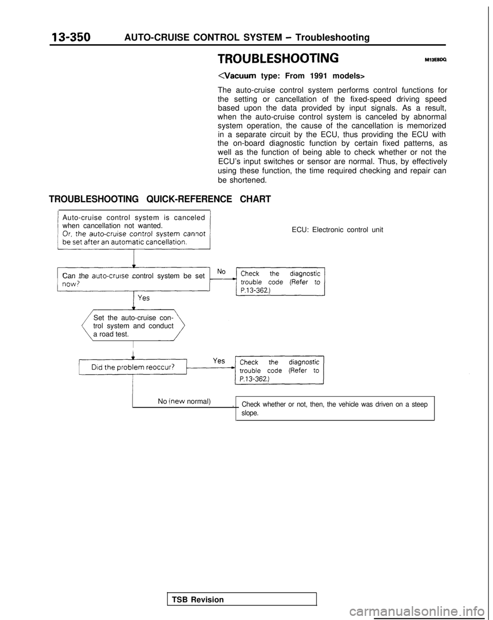 MITSUBISHI GALANT 1989 Service Repair Manual 13-350AUTO-CRUISE CONTROL SYSTEM - Troubleshooting
TROUBLESHOOTINGMlBEBoa
<Vacuum type: From 1991 models>
The auto-cruise control system performs control functions for
the setting or cancellation of t MITSUBISHI GALANT 1989 Service Repair Manual 13-350AUTO-CRUISE CONTROL SYSTEM - Troubleshooting
TROUBLESHOOTINGMlBEBoa
<Vacuum type: From 1991 models>
The auto-cruise control system performs control functions for
the setting or cancellation of t