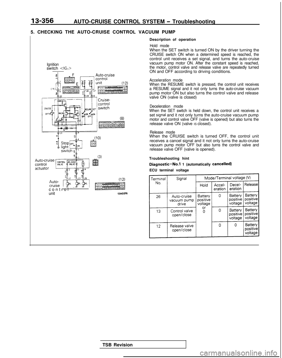MITSUBISHI GALANT 1989 Service Repair Manual 13-356AUTO-CRUISE CONTROL SYSTEM - Troubleshooting
5. CHECKING THE AUTO-CRUISE CONTROL VACUUM PUMP Description of operation
Hold modeWhen the SET switch is turned ON by the driver turning theCRUISE sw MITSUBISHI GALANT 1989 Service Repair Manual 13-356AUTO-CRUISE CONTROL SYSTEM - Troubleshooting
5. CHECKING THE AUTO-CRUISE CONTROL VACUUM PUMP Description of operation
Hold modeWhen the SET switch is turned ON by the driver turning theCRUISE sw