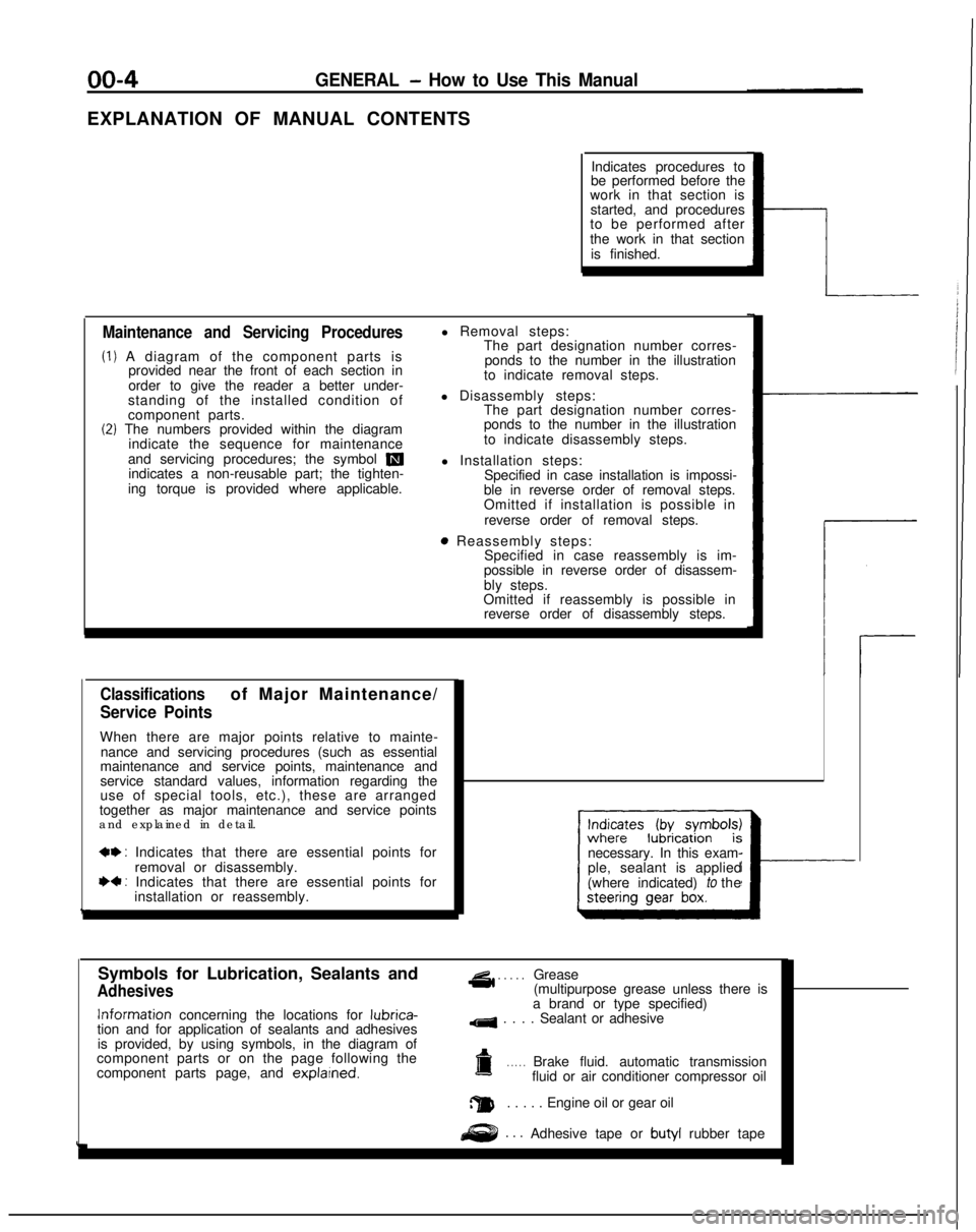 MITSUBISHI GALANT 1989  Service Repair Manual 00-4GENERAL - How to Use This Manual
EXPLANATION OF MANUAL CONTENTSIndicates procedures to
be performed before the
work in that section is
started, and procedures
to be performed after
the work in tha