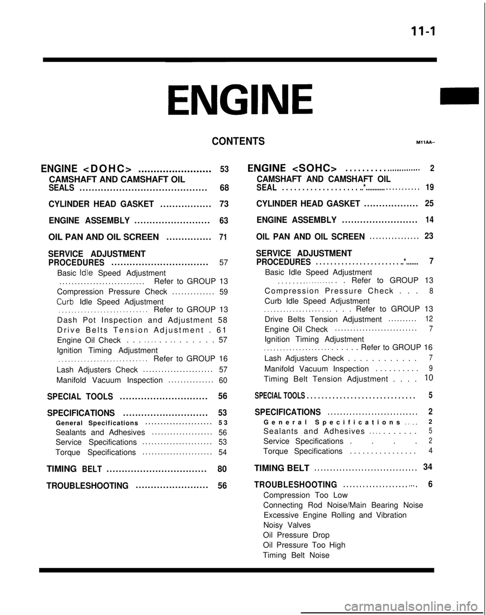 MITSUBISHI GALANT 1989  Service Workshop Manual 11-I
CONTENTSM11AA-
ENGINE
<DOHC
 >
........................
53
CAMSHAFT AND CAMSHAFT OIL
SEALS..........................................68
CYLINDER HEAD GASKET
.................73
ENGINE ASSEMBLY
...