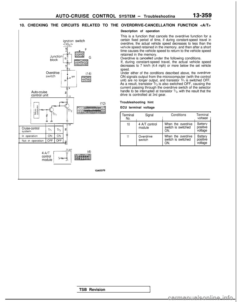 MITSUBISHI GALANT 1989 Service Repair Manual AUTO-CRUISE CONTROL
SYSTEM - Troubleshootina13-359
10. CHECKING THE CIRCUITS RELATED TO THE OVERDRIVE-CANCELLATION FUNCTION\
<A/T>
$;c;tly switch
+ c
Overdriveswrtch
4
Auto-cruiseT-kcontrol unitliIV MITSUBISHI GALANT 1989 Service Repair Manual AUTO-CRUISE CONTROL
SYSTEM - Troubleshootina13-359
10. CHECKING THE CIRCUITS RELATED TO THE OVERDRIVE-CANCELLATION FUNCTION\
<A/T>
$;c;tly switch
+ c
Overdriveswrtch
4
Auto-cruiseT-kcontrol unitliIV
